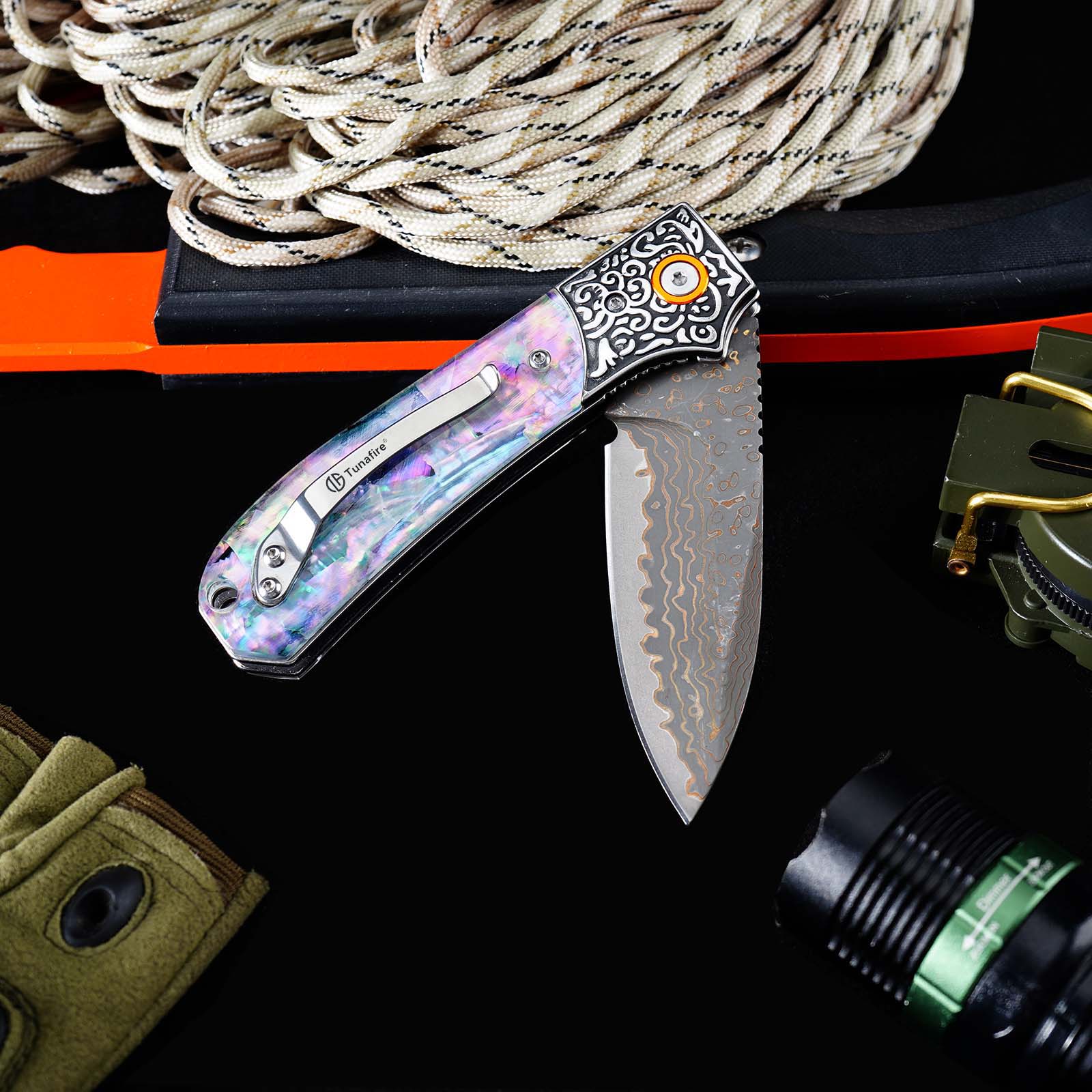 Tunafire GT-DM044 3.35" VG10 Bronze Damascus Folding Knife Abalone Shell Handle Ball Bearing EDC Knife
