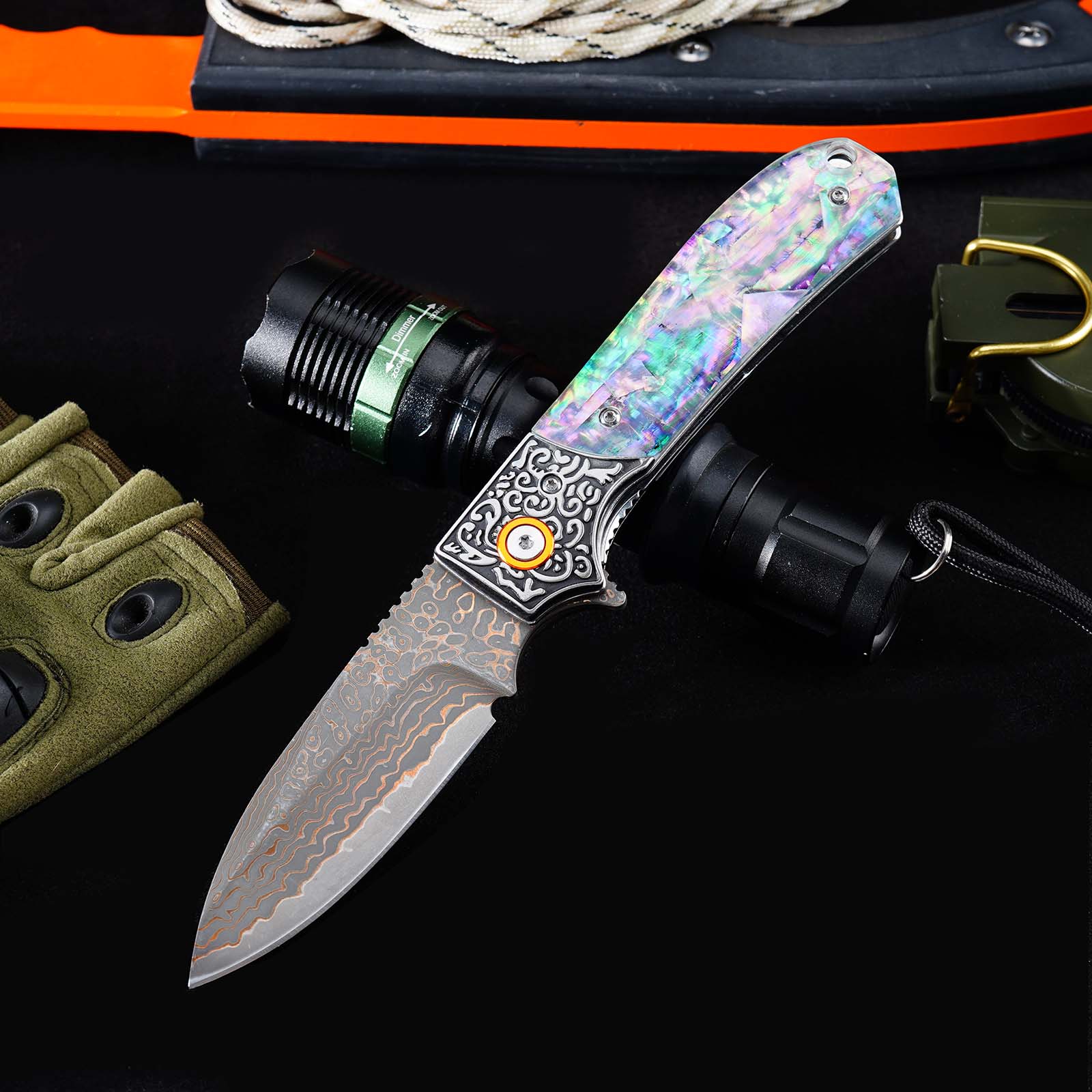 Tunafire GT-DM044 3.35" VG10 Bronze Damascus Folding Knife Abalone Shell Handle Ball Bearing EDC Knife