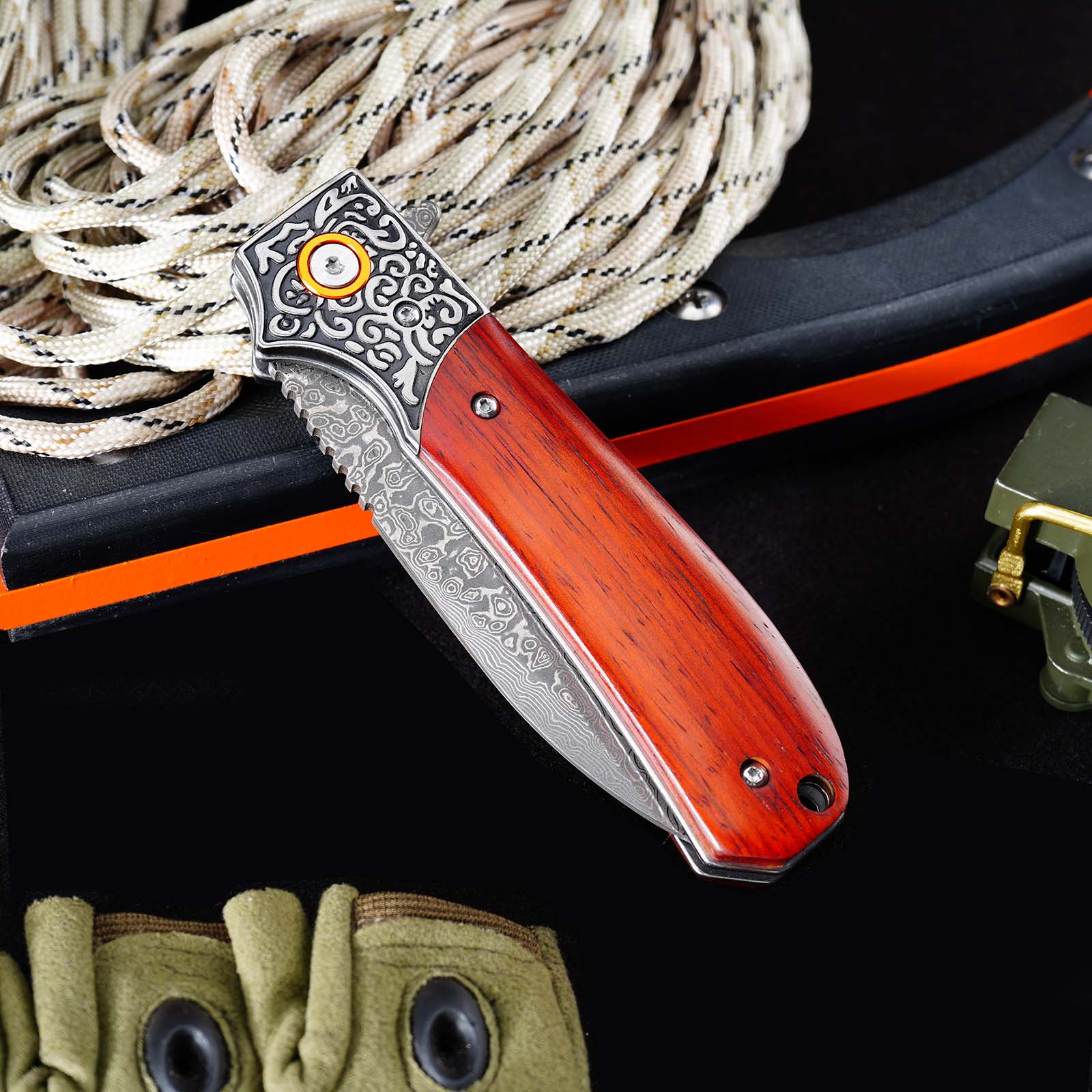 Tunafire GT-DM044-1 Folding Knife 3.3"Damascus steel Blade ,Yellow Rosewood Handle Ball Bearing Pocket Knife