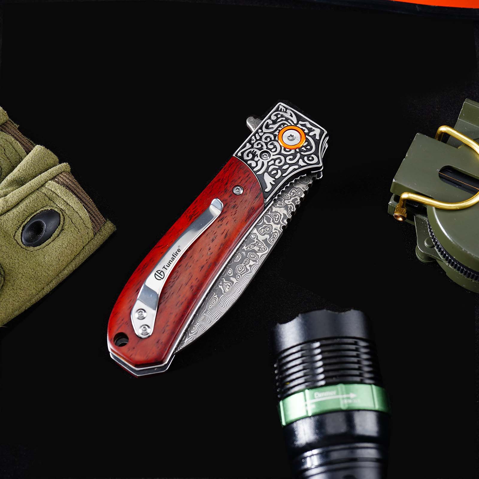 Tunafire GT-DM044-1 Folding Knife 3.3"Damascus steel Blade ,Yellow Rosewood Handle Ball Bearing Pocket Knife