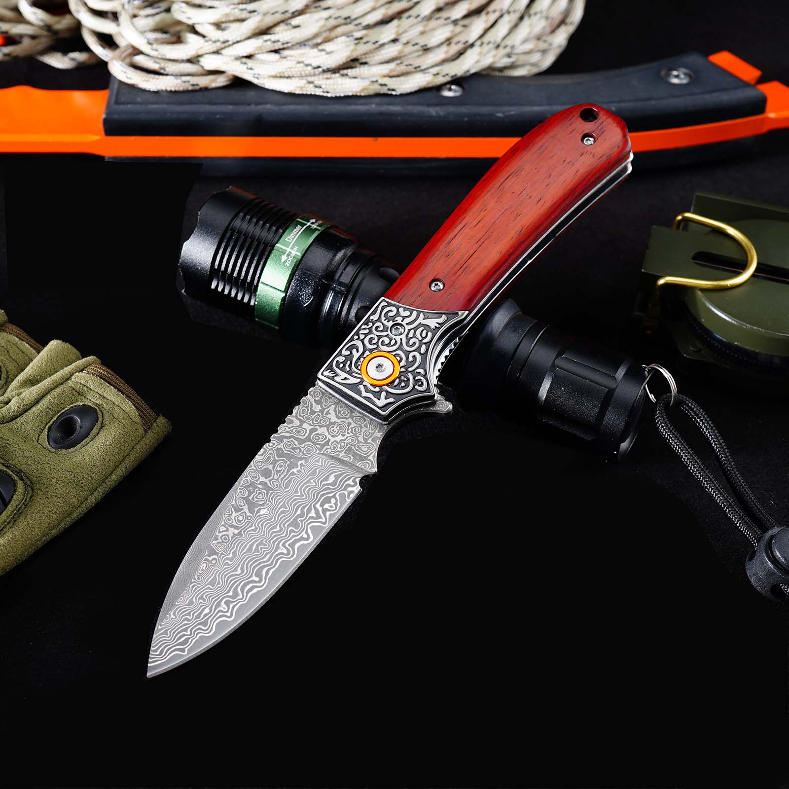 Tunafire GT-DM044-1 Folding Knife 3.3"Damascus steel Blade ,Yellow Rosewood Handle Ball Bearing Pocket Knife