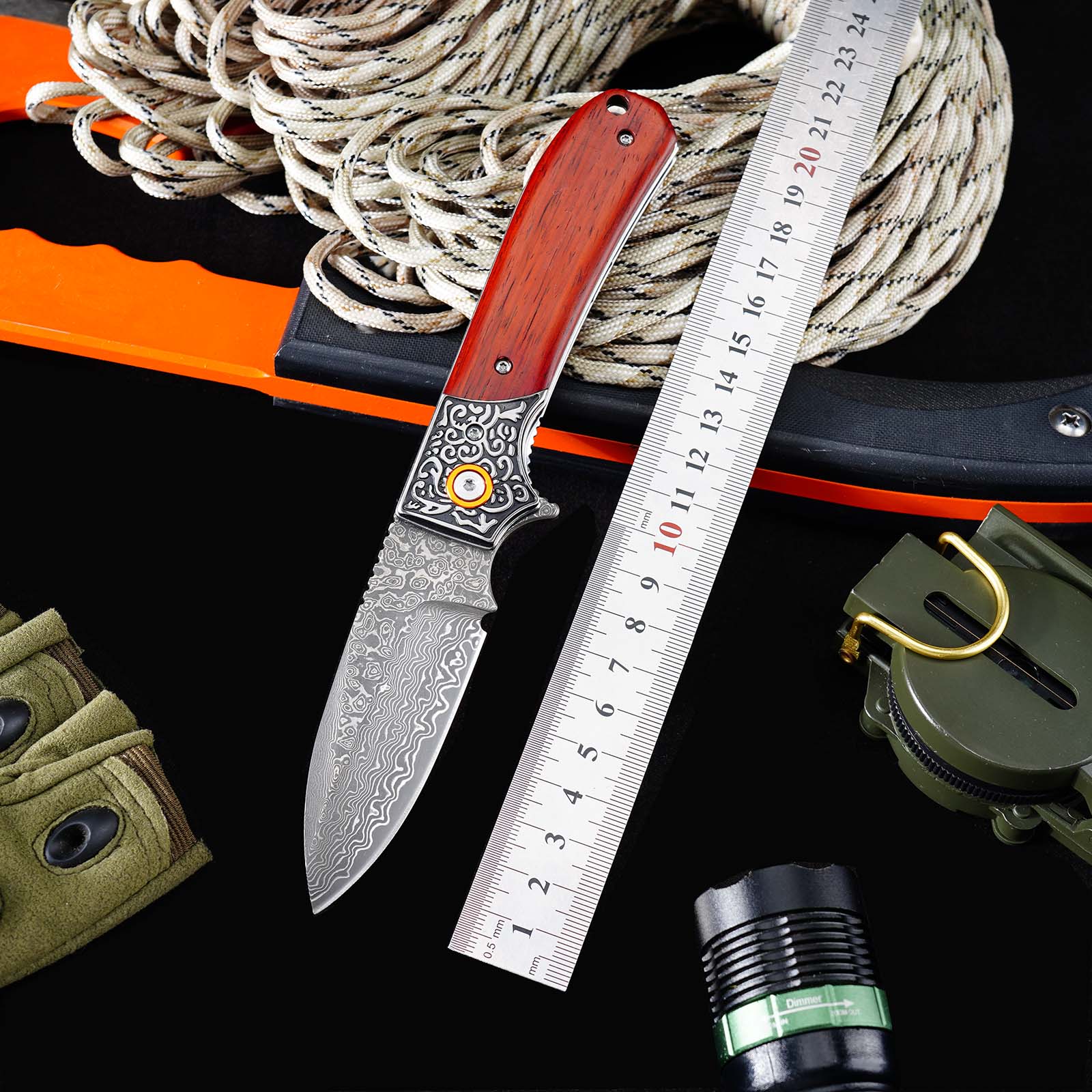 Tunafire GT-DM044-1 Folding Knife 3.3"Damascus steel Blade ,Yellow Rosewood Handle Ball Bearing Pocket Knife