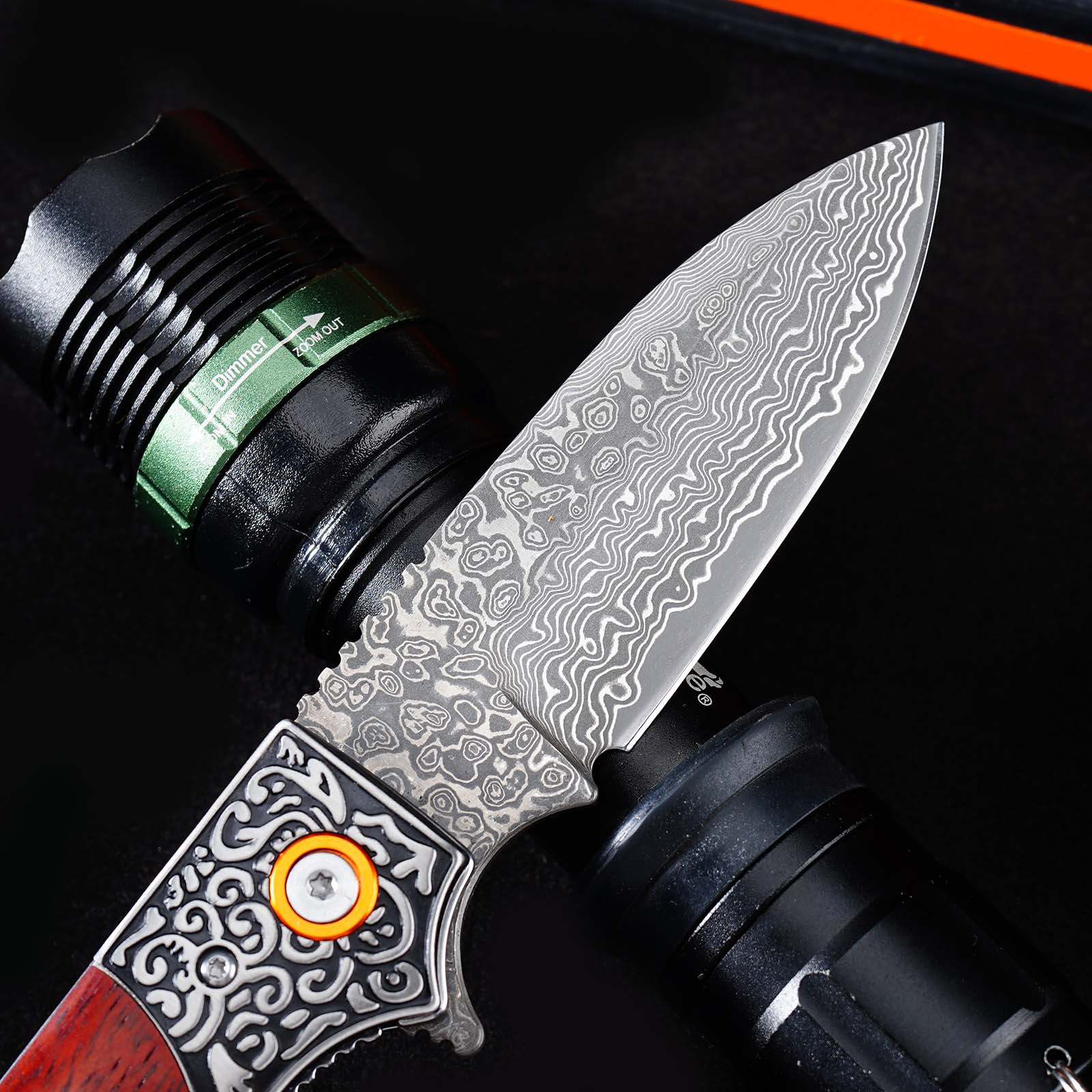 Tunafire GT-DM044-1 Folding Knife 3.3"Damascus steel Blade ,Yellow Rosewood Handle Ball Bearing Pocket Knife