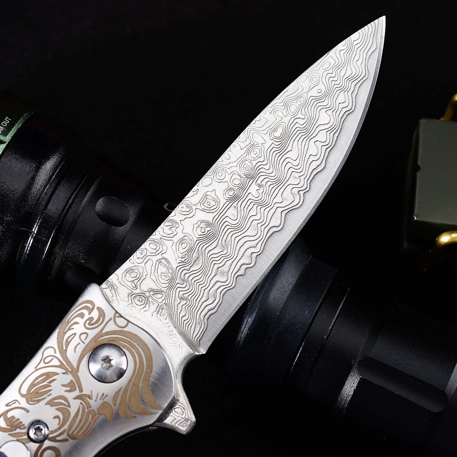 Tunafire Knife GT-DC377 Damascus Folding Knife Ball Bearing EDC Pocket Knife Steel Head Mother of Pearl Handle