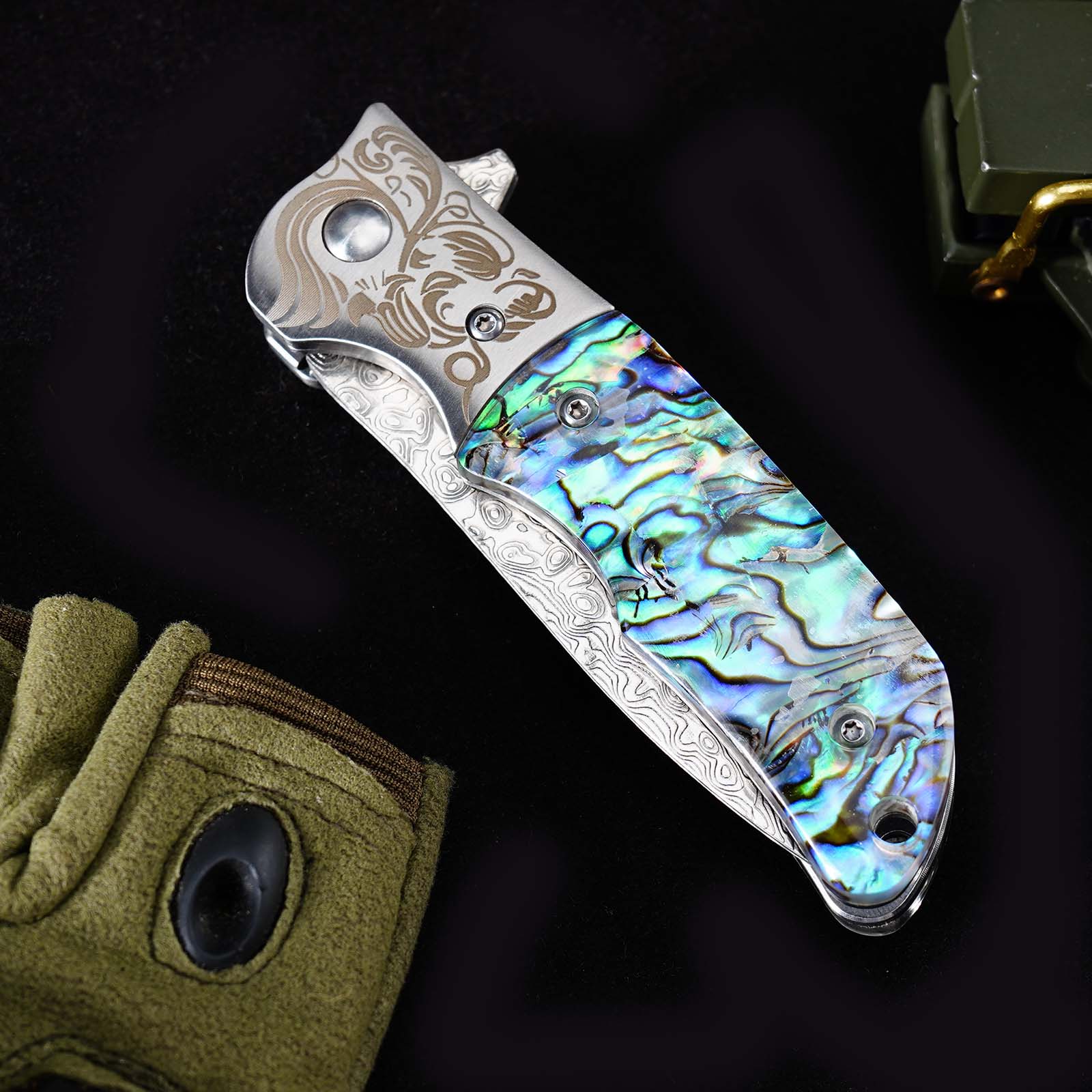 Tunafire Knife GT-DC377 Damascus Folding Knife Ball Bearing EDC Pocket Knife Steel Head Mother of Pearl Handle