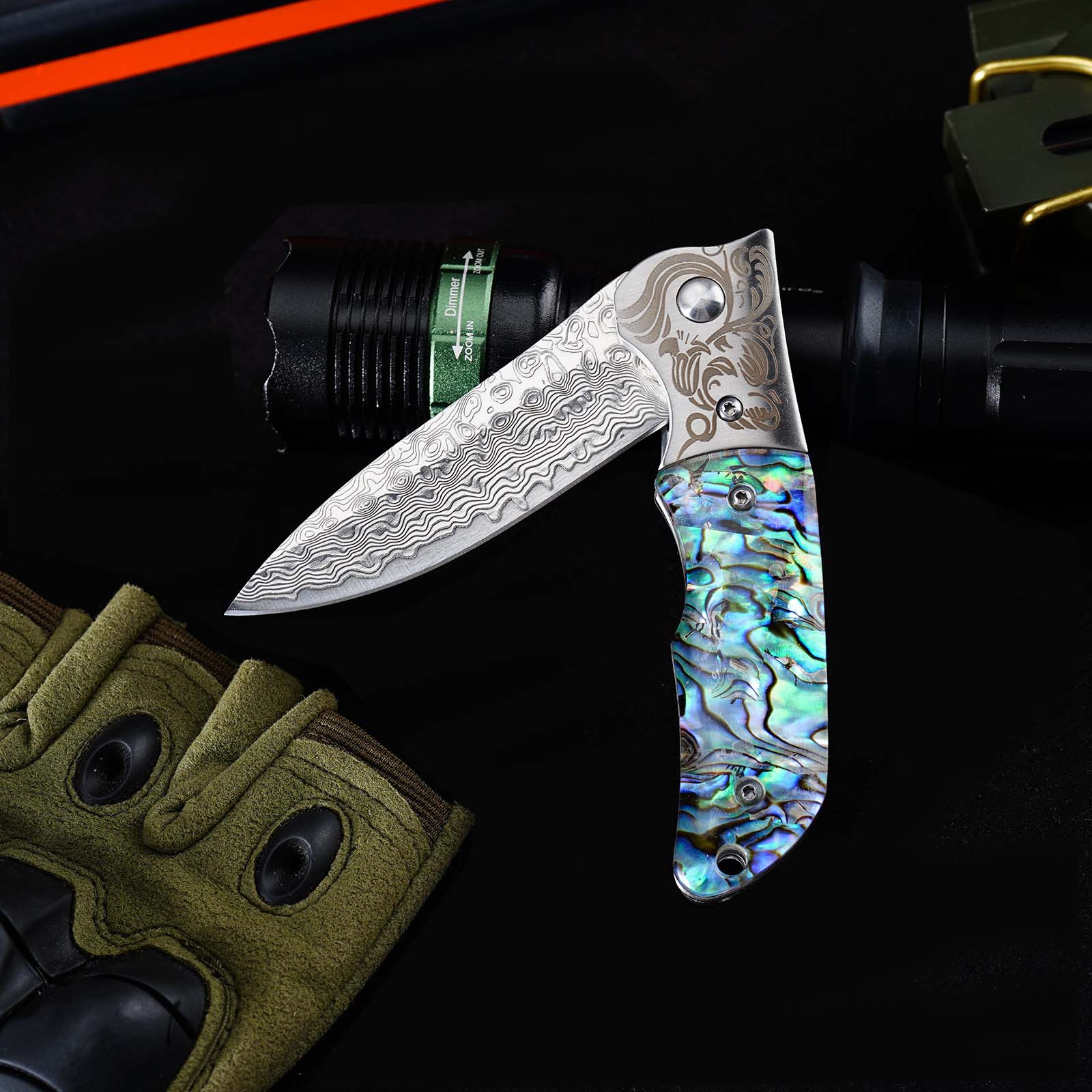 Tunafire Knife GT-DC377 Damascus Folding Knife Ball Bearing EDC Pocket Knife Steel Head Mother of Pearl Handle