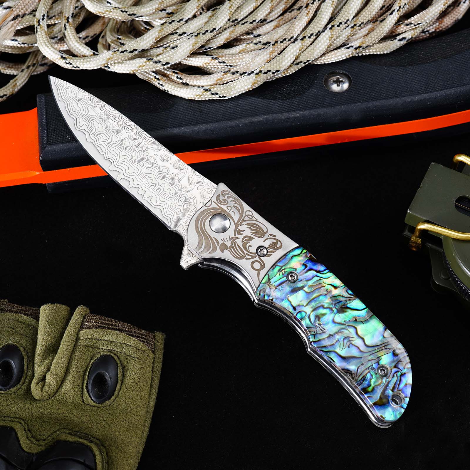Tunafire Knife GT-DC377 Damascus Folding Knife Ball Bearing EDC Pocket Knife Steel Head Mother of Pearl Handle