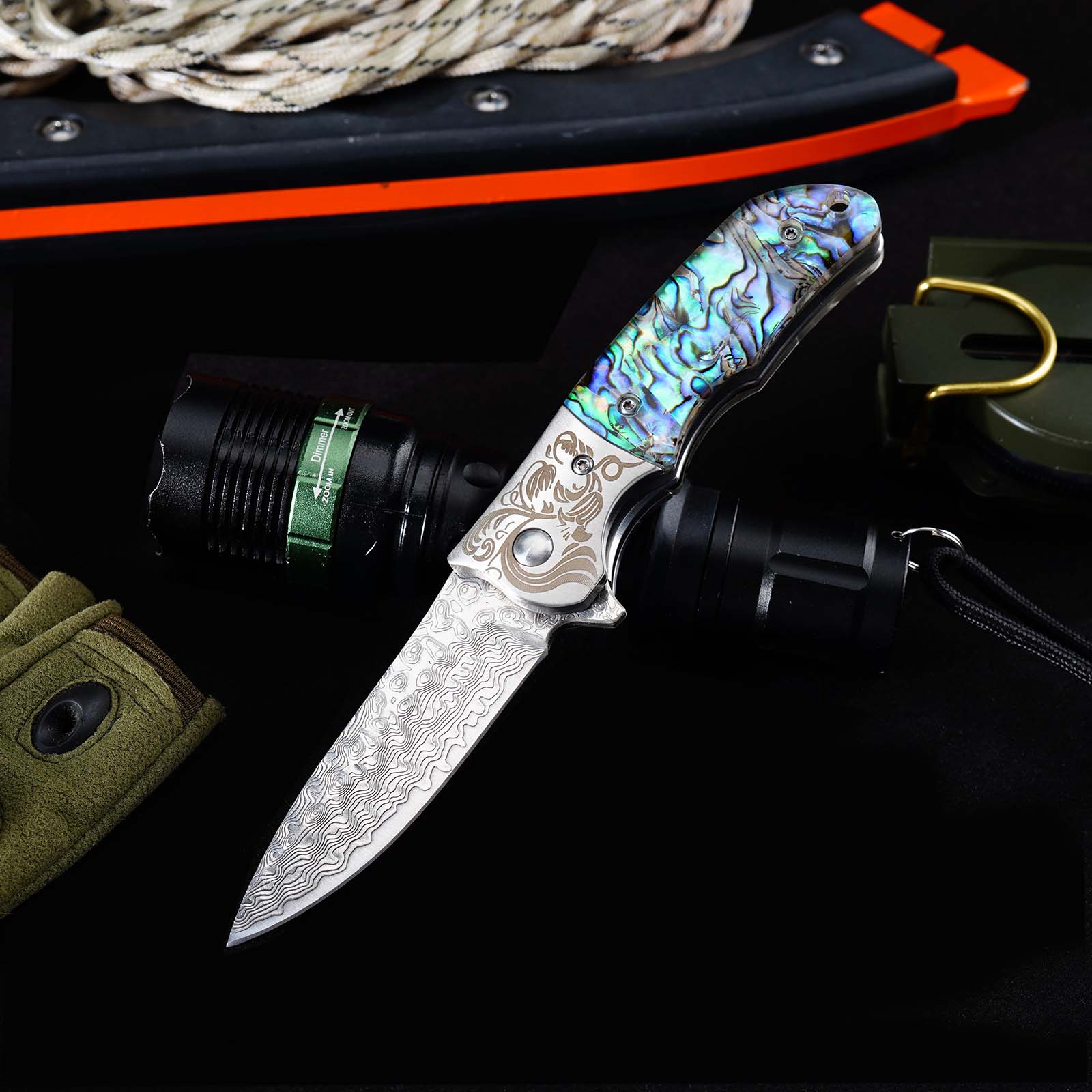 Tunafire Knife GT-DC377 Damascus Folding Knife Ball Bearing EDC Pocket Knife Steel Head Mother of Pearl Handle