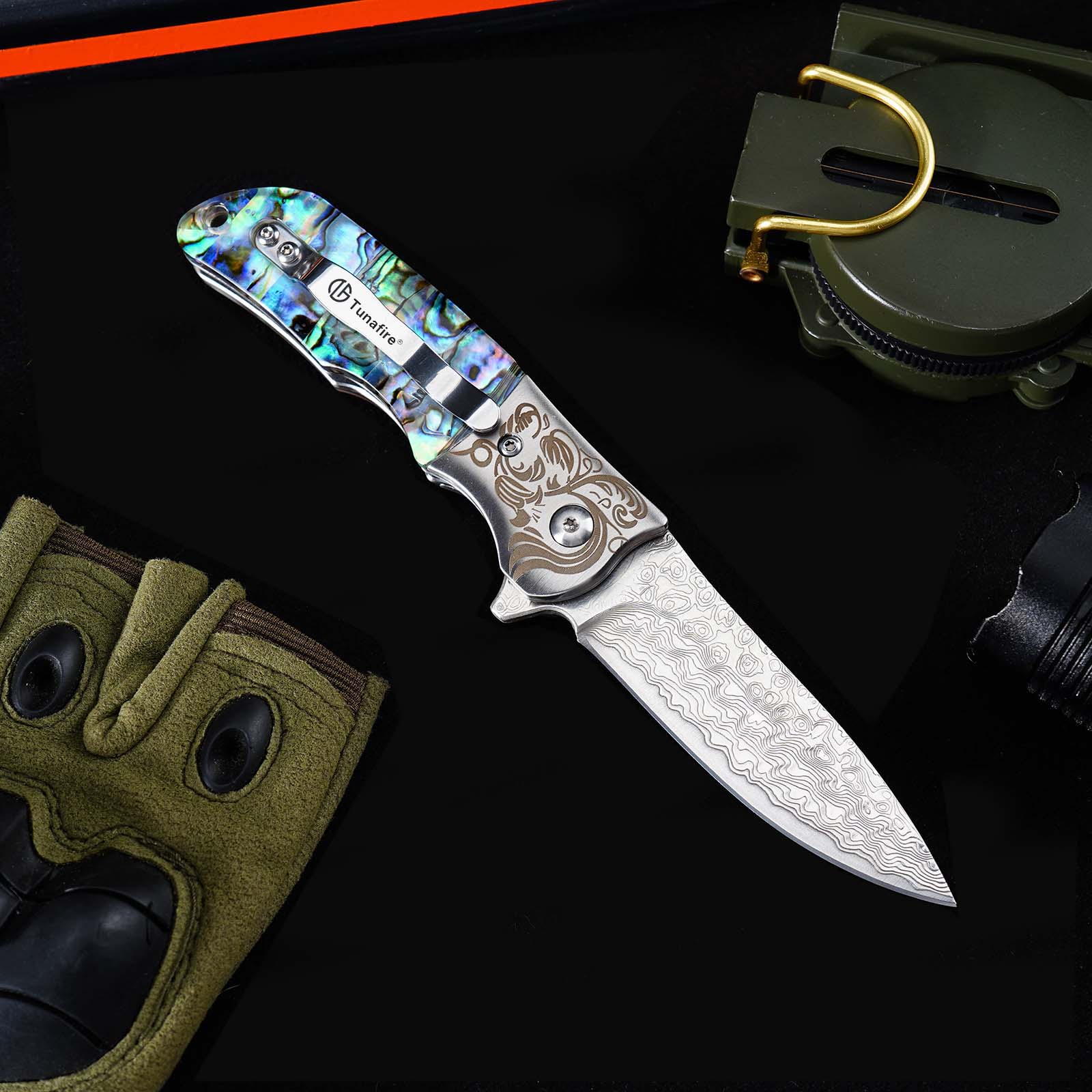 Tunafire Knife GT-DC377 Damascus Folding Knife Ball Bearing EDC Pocket Knife Steel Head Mother of Pearl Handle