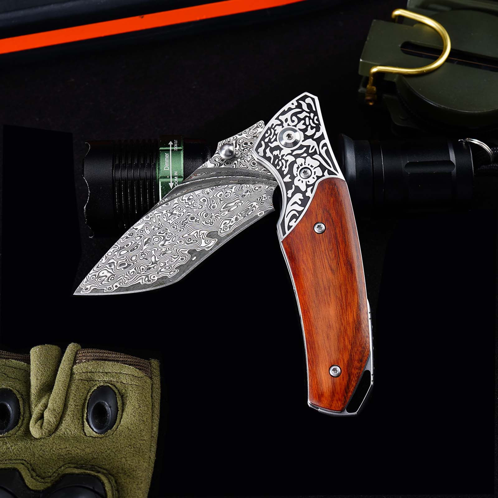 Tunafire GT-DM003 Folding Knife, 76-Layer Damascus Blade, Walnut Wood Handle, Ball Bearing EDC Pocket Knife