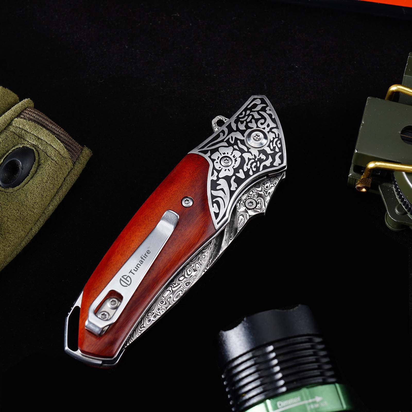 Tunafire GT-DM003 Folding Knife, 76-Layer Damascus Blade, Walnut Wood Handle, Ball Bearing EDC Pocket Knife