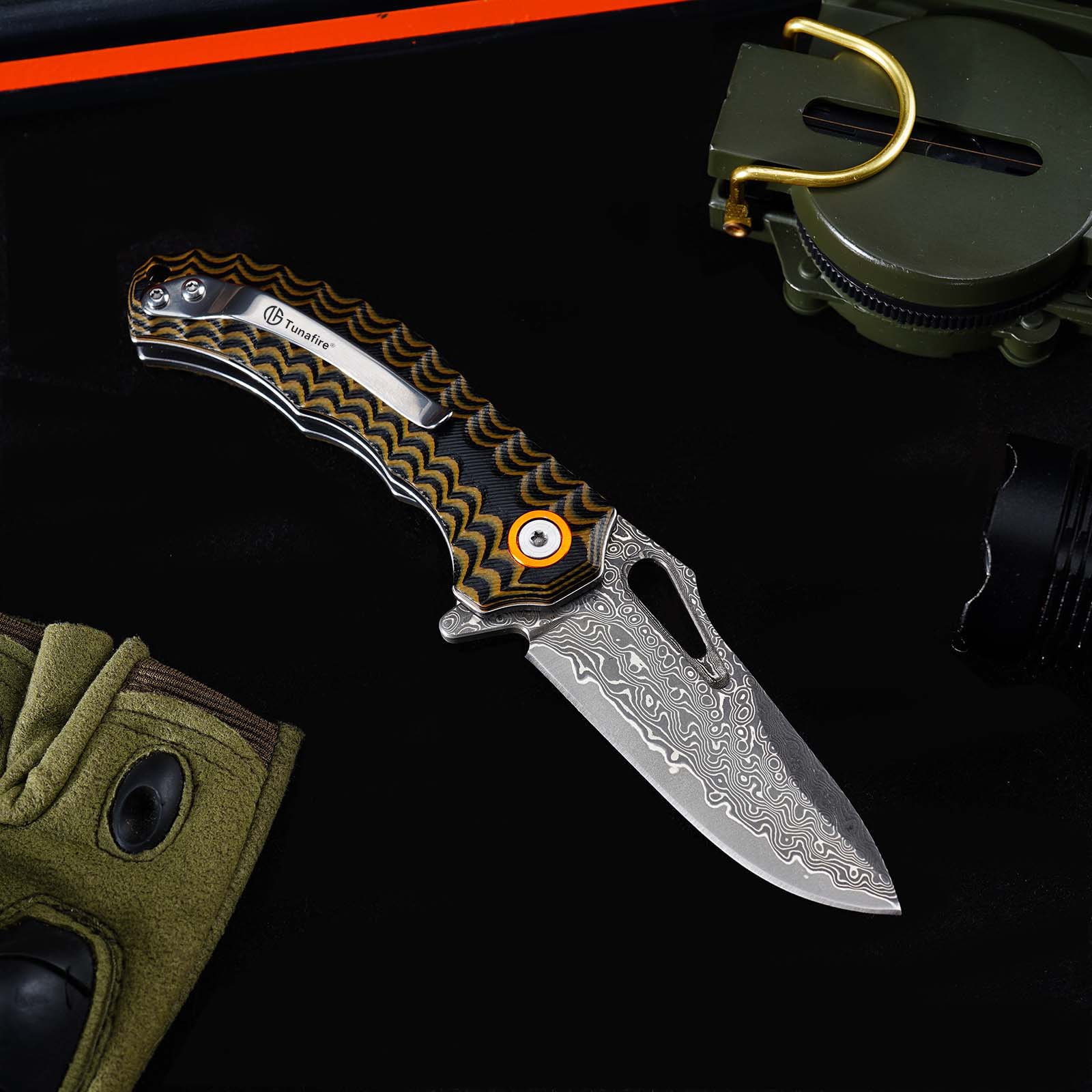 Tunafire Knife GT-DM021 2.68”Damascus steel Knife Brown Two Color G10 Handle Portable Outdoor Camping Survival Tool