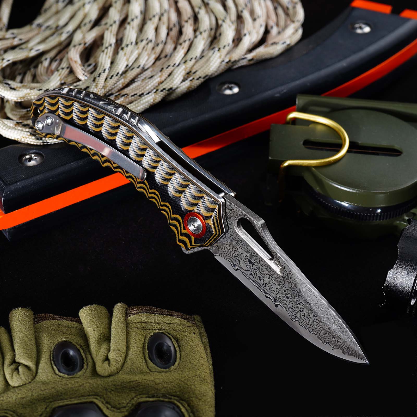 Tunafire Knife GT-DM021 2.68”Damascus steel Knife Brown Two Color G10 Handle Portable Outdoor Camping Survival Tool