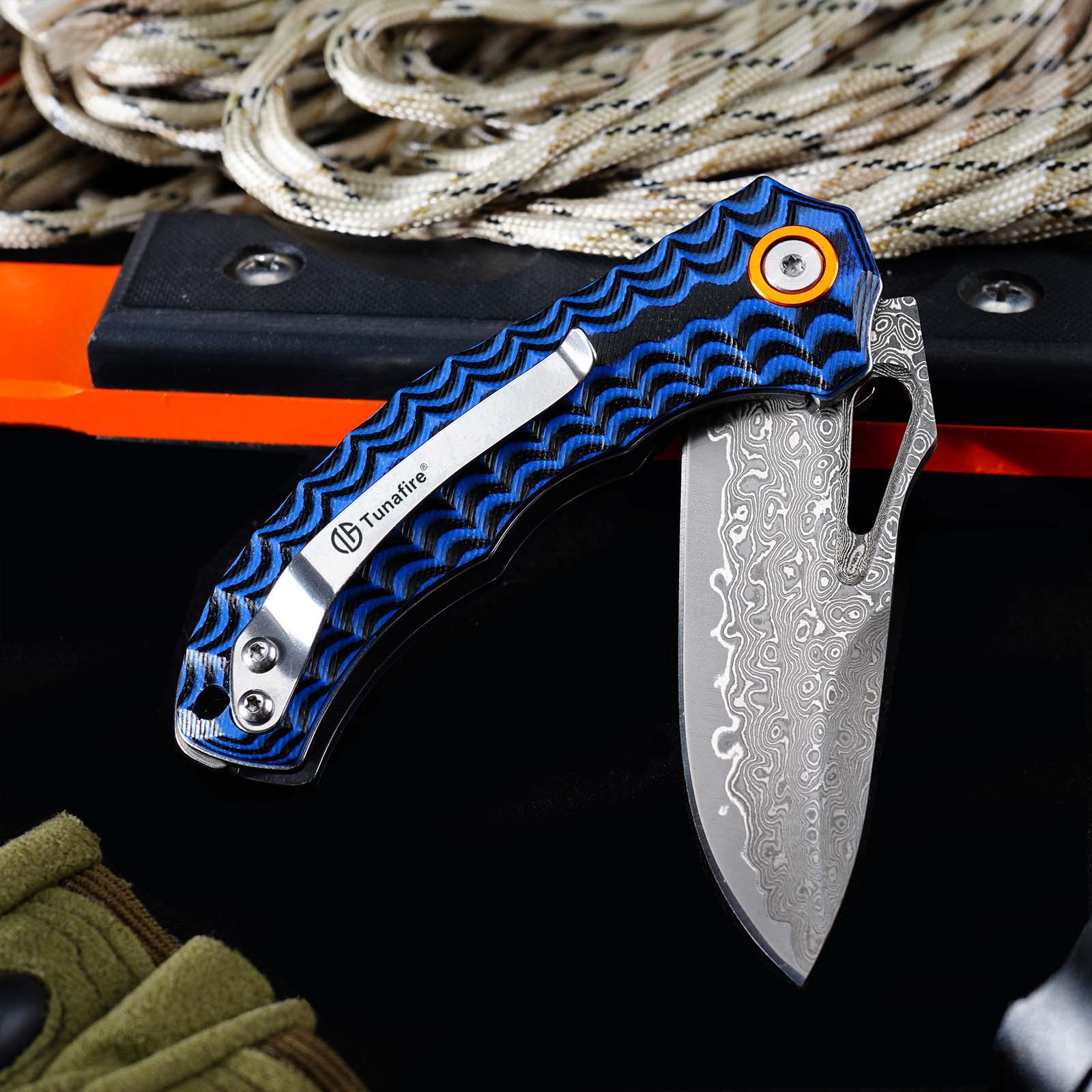 Tunafire Knife GT-DM021 Small 2.68”Damascus Pocket Knife Two Color G10 Grip Portable Outdoor Fishing Utility Tool