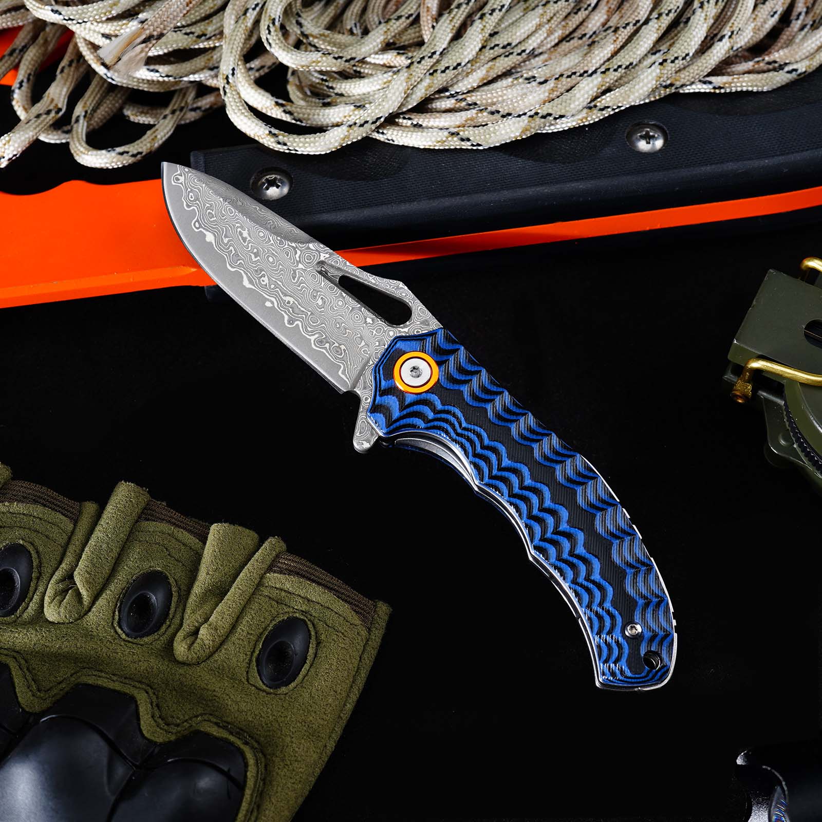 Tunafire Knife GT-DM021 Small 2.68”Damascus Pocket Knife Two Color G10 Grip Portable Outdoor Fishing Utility Tool