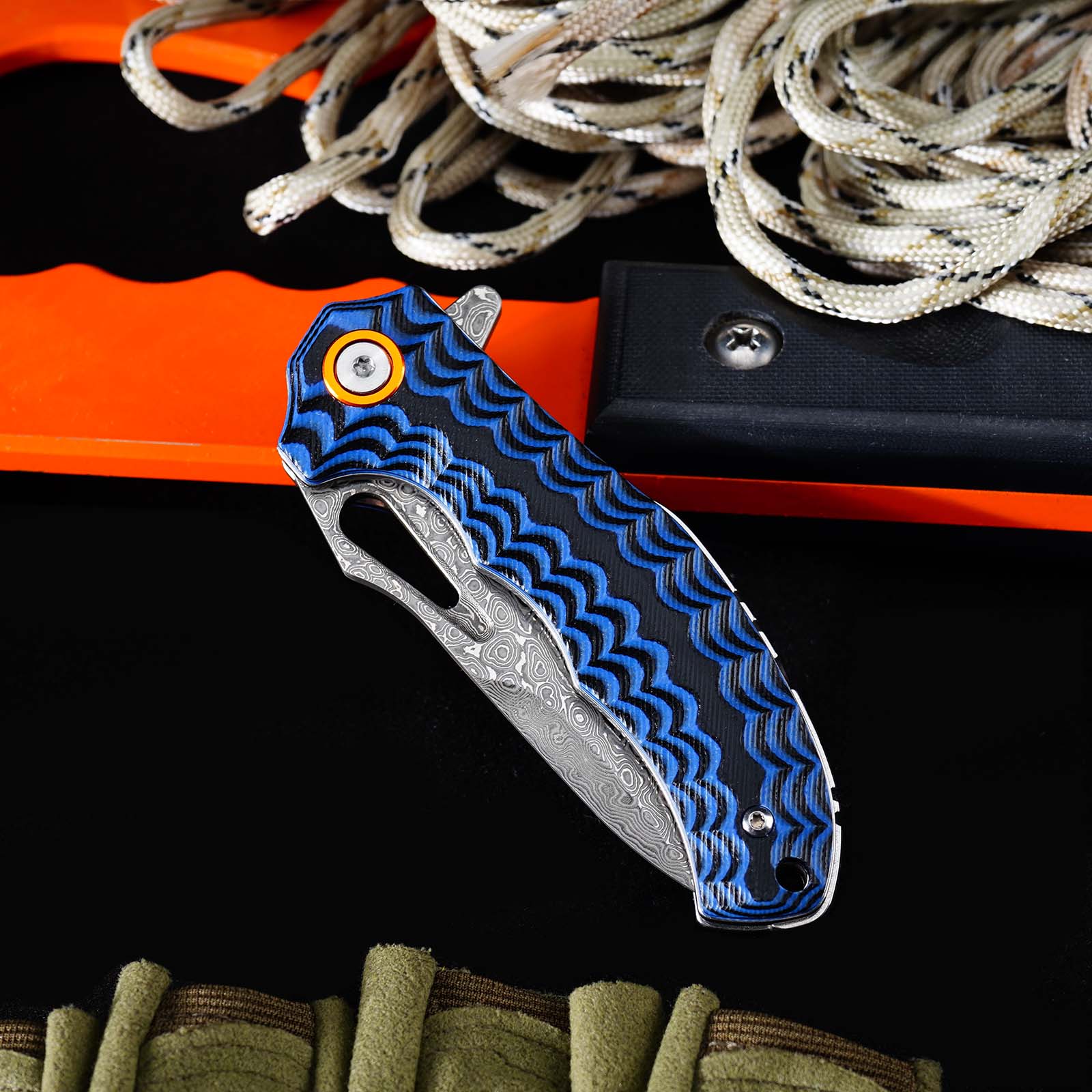 Tunafire Knife GT-DM021 Small 2.68”Damascus Pocket Knife Two Color G10 Grip Portable Outdoor Fishing Utility Tool