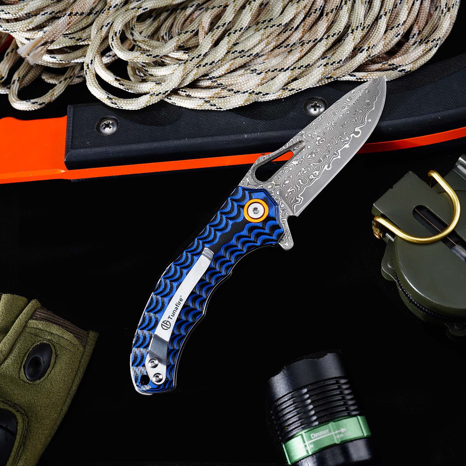 Tunafire Knife GT-DM021 Small 2.68”Damascus Pocket Knife Two Color G10 Grip Portable Outdoor Fishing Utility Tool