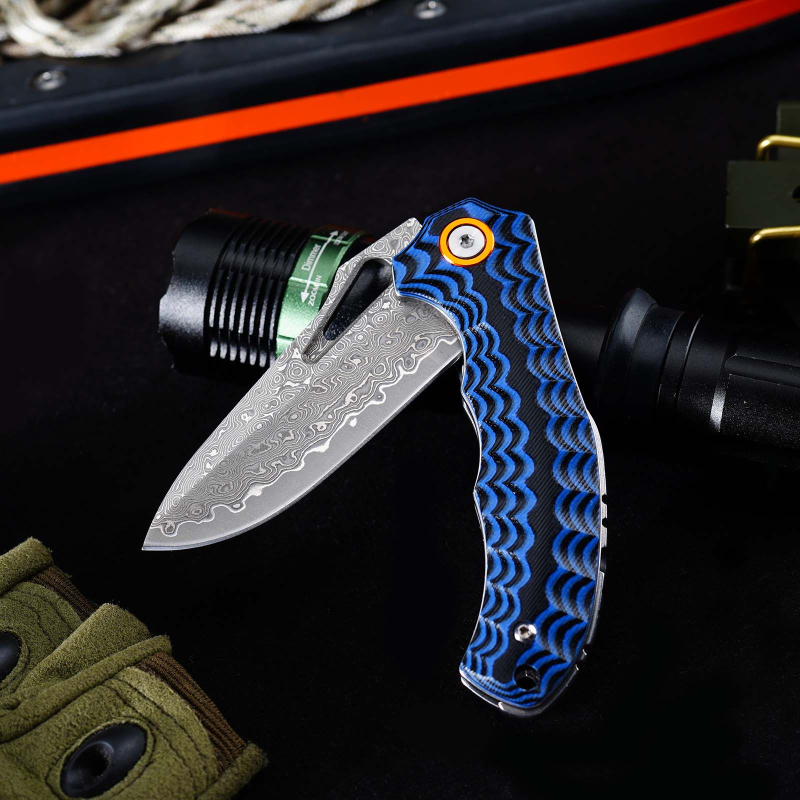 Tunafire Knife GT-DM021 Small 2.68”Damascus Pocket Knife Two Color G10 Grip Portable Outdoor Fishing Utility Tool