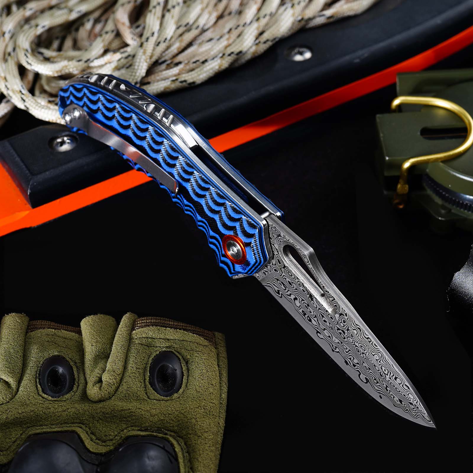 Tunafire Knife GT-DM021 Small 2.68”Damascus Pocket Knife Two Color G10 Grip Portable Outdoor Fishing Utility Tool