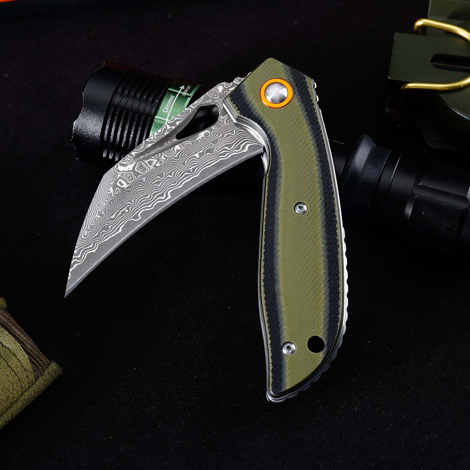 Tunafire GT-989 Folding Knife, 76-Layer Damascus Steel Pocket Knife, Dual Color G10 Handle with Built-in Bearing