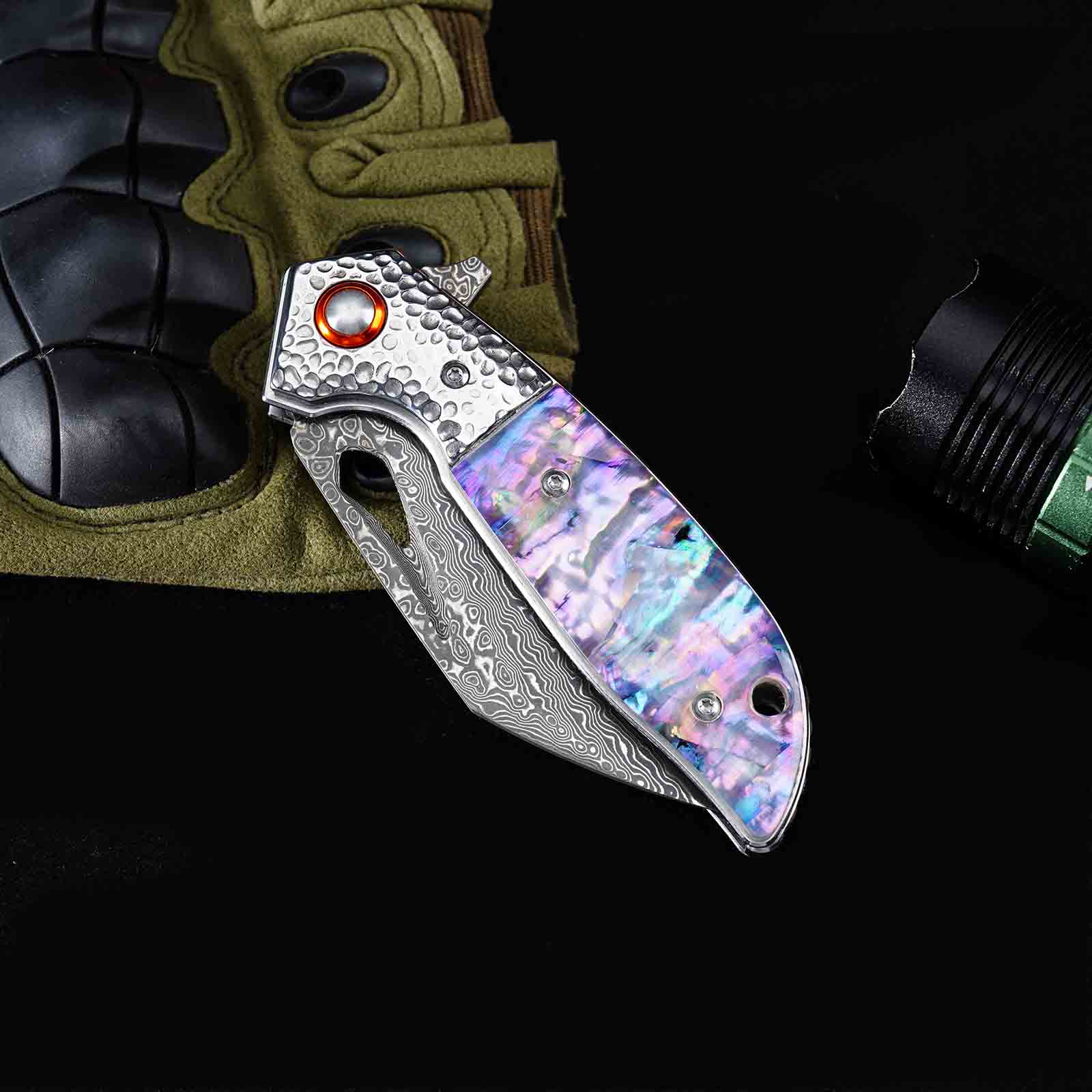 Tunafire GT-989 Folding Pocket Knife ,76-Layer Damascus Steel Blade, Colored Beads Handle, Built-in Bearing EDC Knife