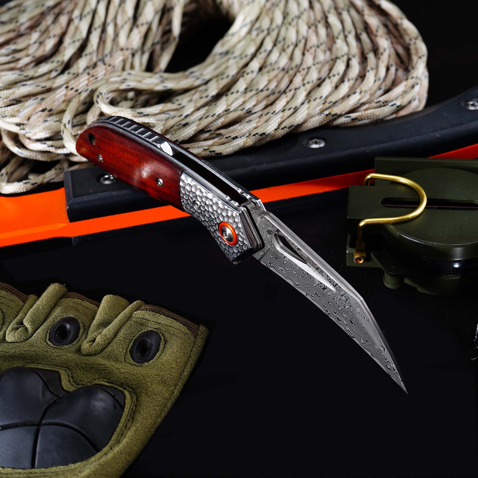 Tunafire GT-989 Folding Knife, 76-Layer Damascus Steel Pocket Knife, rosewood Handle, Built-in Bearing EDC Knife