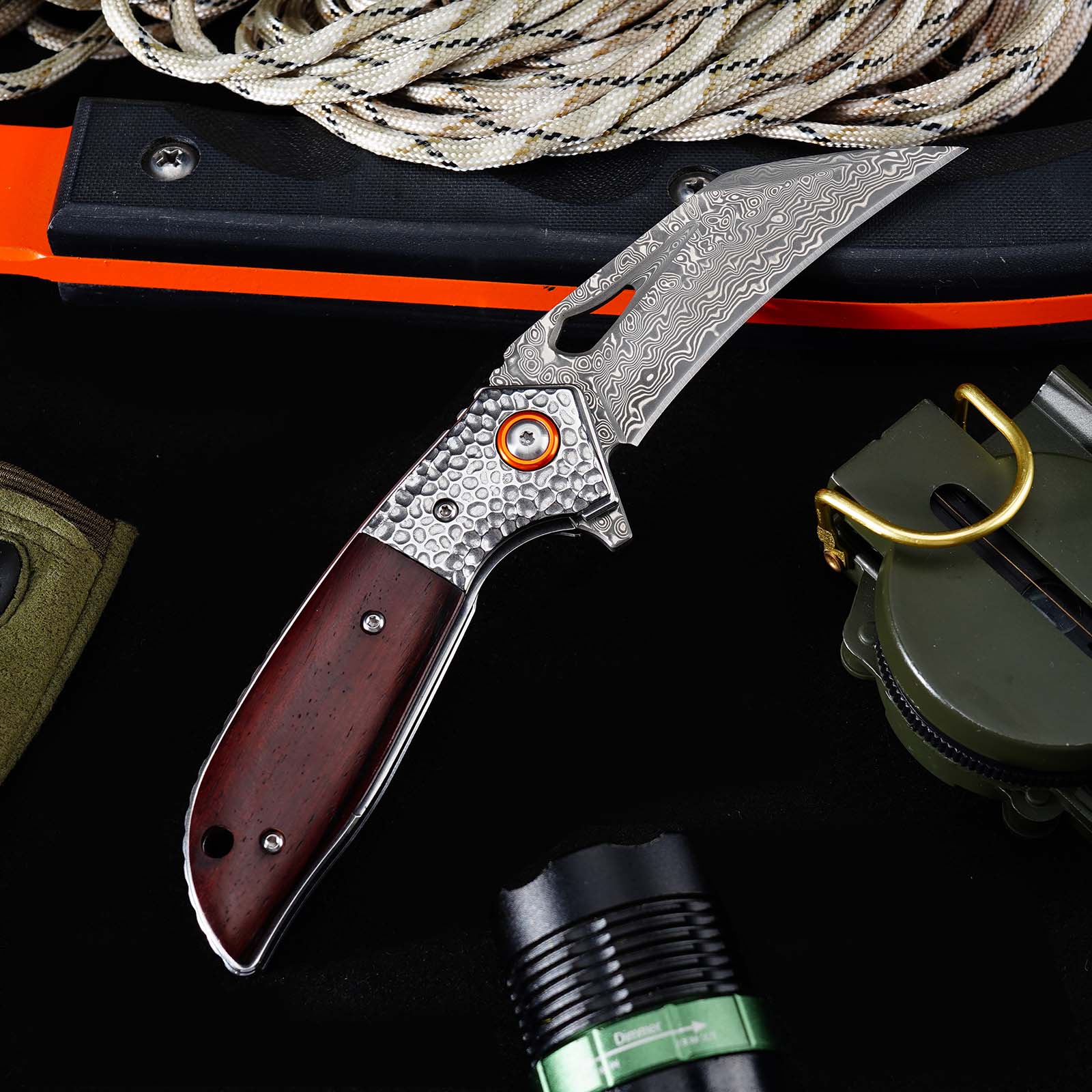 Tunafire GT-989 Folding Knife, 76-Layer Damascus Steel Pocket Knife, rosewood Handle, Built-in Bearing EDC Knife