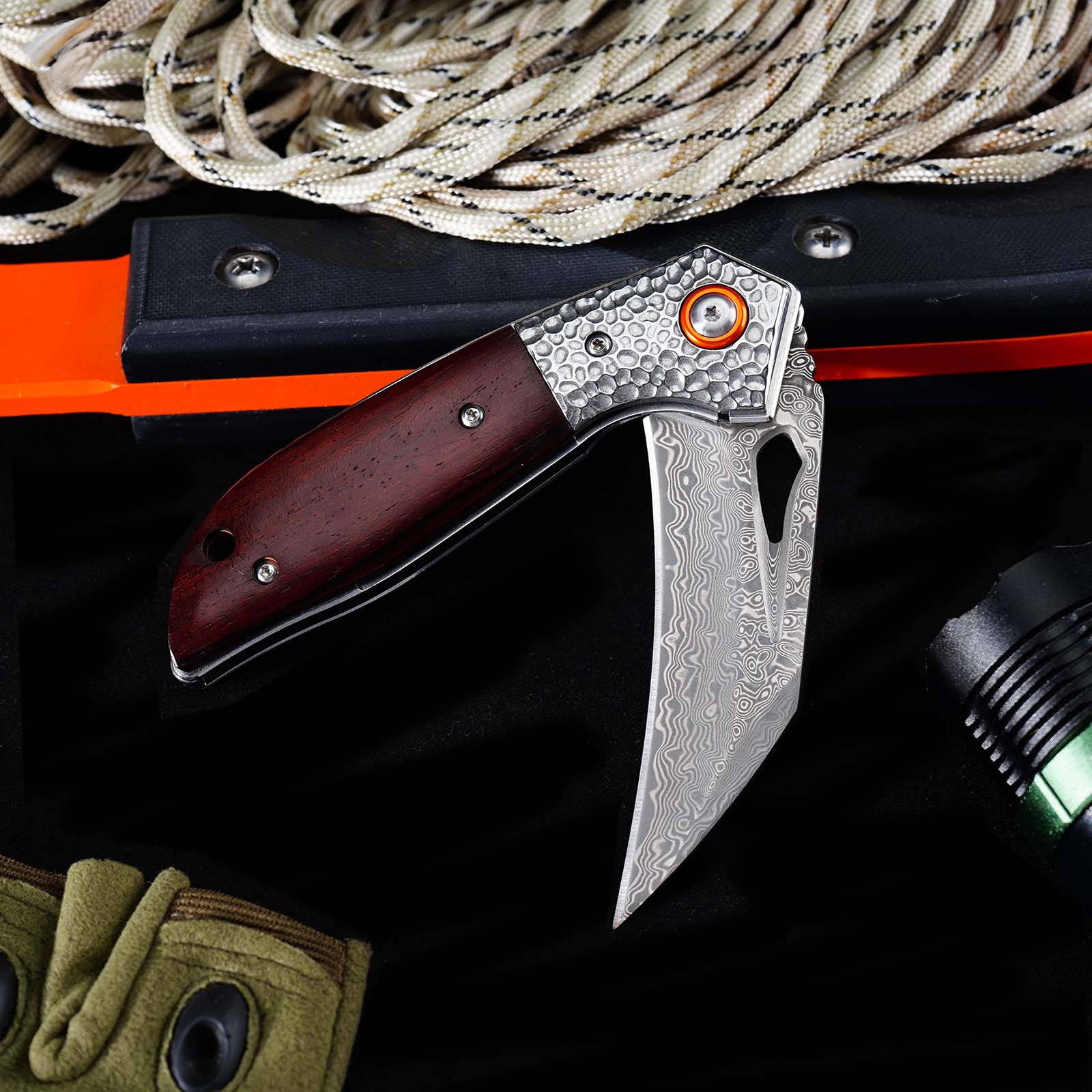 Tunafire GT-989 Folding Knife, 76-Layer Damascus Steel Pocket Knife, rosewood Handle, Built-in Bearing EDC Knife