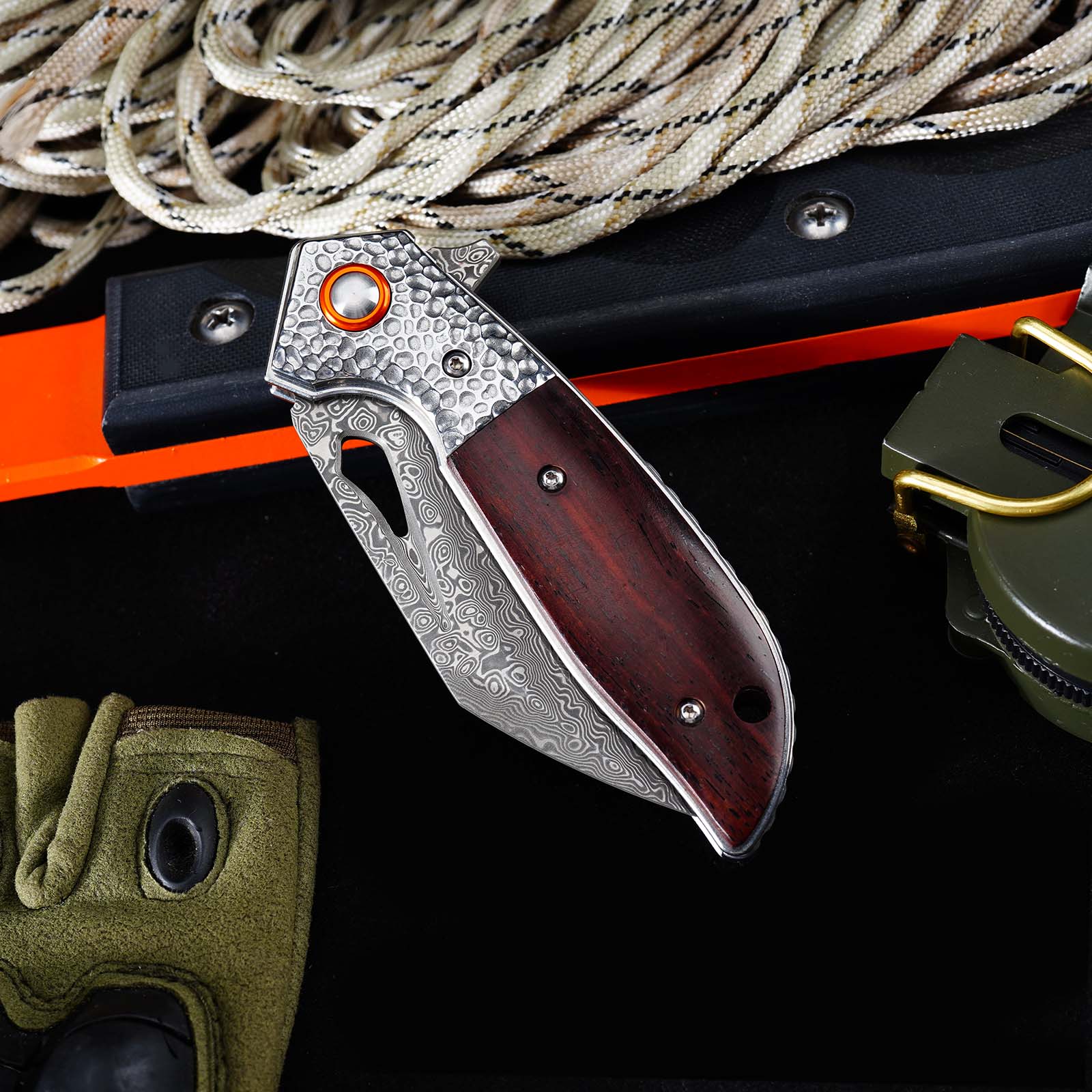 Tunafire GT-989 Folding Knife, 76-Layer Damascus Steel Pocket Knife, rosewood Handle, Built-in Bearing EDC Knife