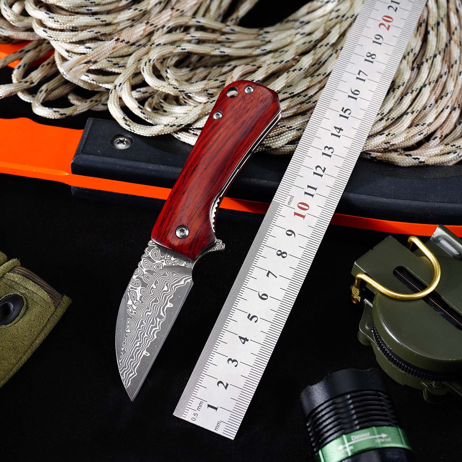 Tunafire GT-DM022 Damascus Steel Folding Knife Ebony Wood Handle Ball Bearing 59-60HRC Mini EDC Pocket Knife