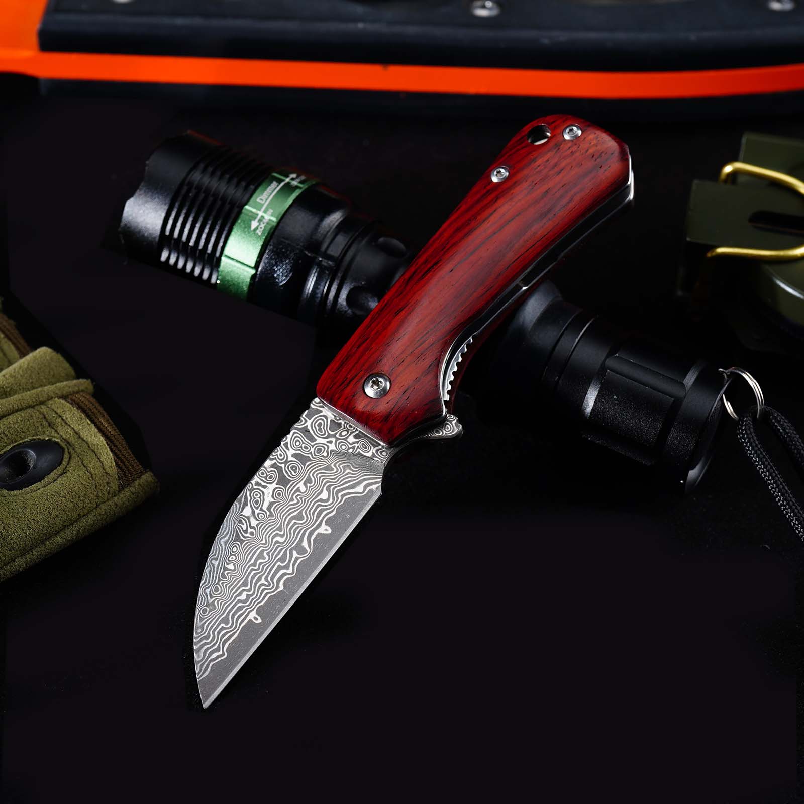 Tunafire GT-DM022 Damascus Steel Folding Knife Ebony Wood Handle Ball Bearing 59-60HRC Mini EDC Pocket Knife