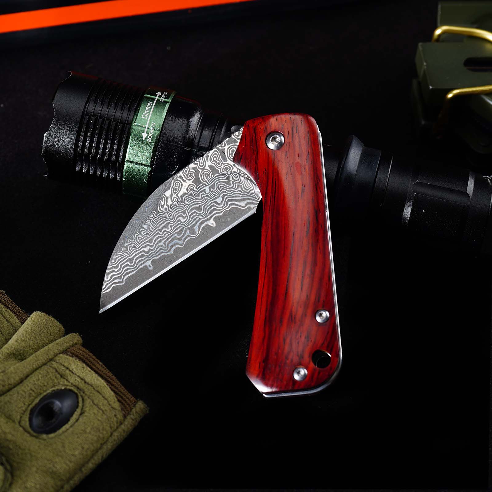 Tunafire GT-DM022 Damascus Steel Folding Knife Ebony Wood Handle Ball Bearing 59-60HRC Mini EDC Pocket Knife