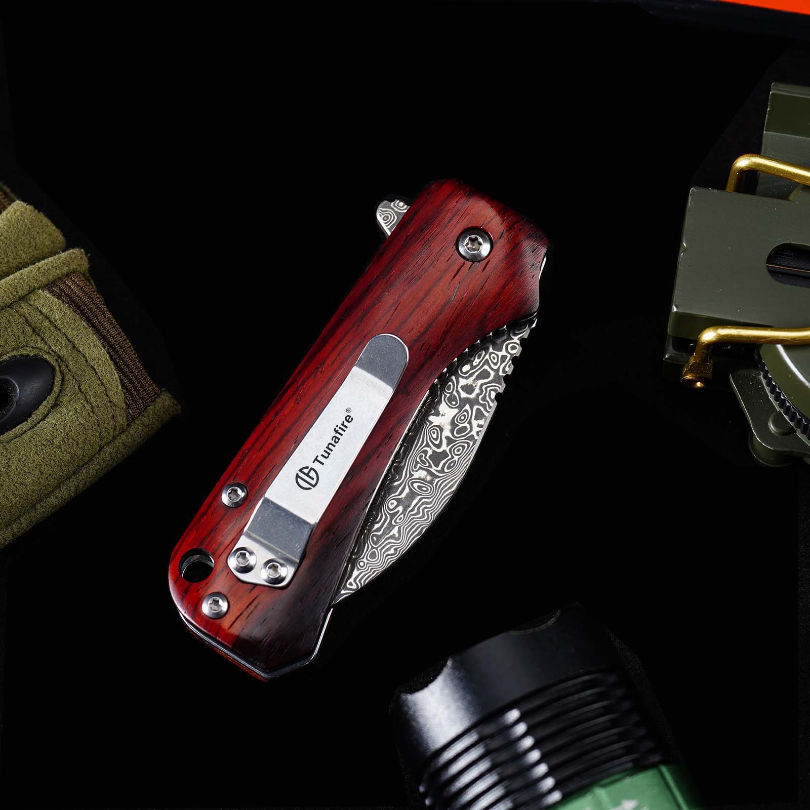 Tunafire GT-DM022 Damascus Steel Folding Knife Ebony Wood Handle Ball Bearing 59-60HRC Mini EDC Pocket Knife
