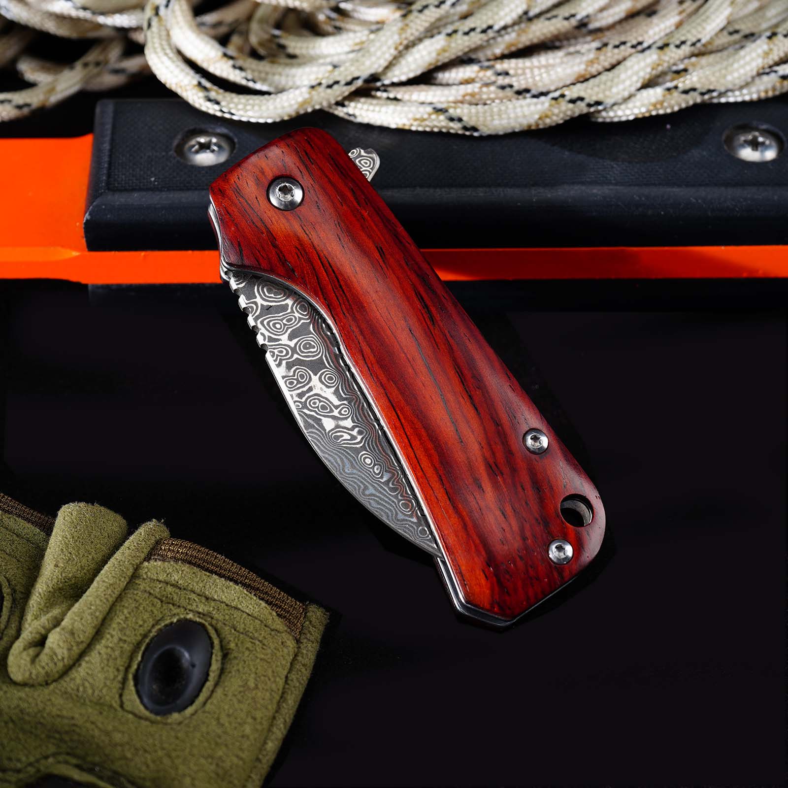 Tunafire GT-DM022 Damascus Steel Folding Knife Ebony Wood Handle Ball Bearing 59-60HRC Mini EDC Pocket Knife