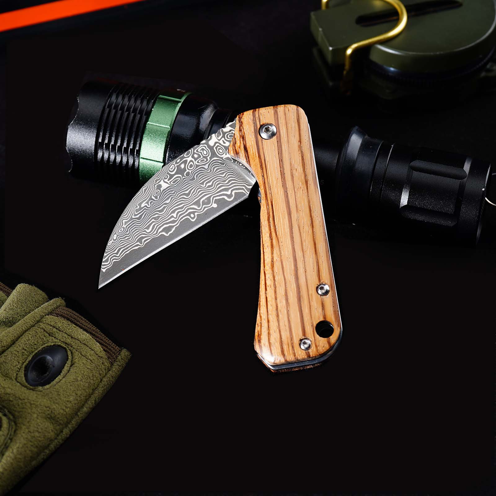 Tunafire Mini EDC Pocket Knife GT-DM022 Damascus Steel Folding Knife Zebra Wood Handle Ball Bearing Portable Everyday Carry Knife