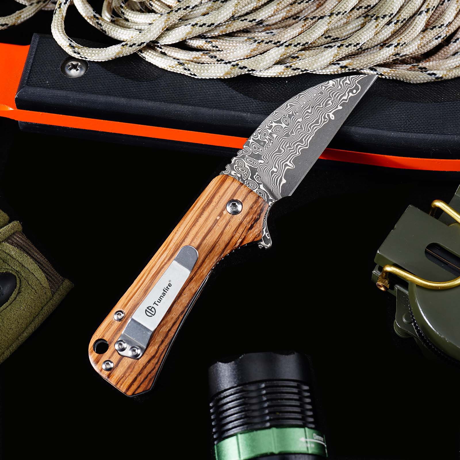 Tunafire Mini EDC Pocket Knife GT-DM022 Damascus Steel Folding Knife Zebra Wood Handle Ball Bearing Portable Everyday Carry Knife