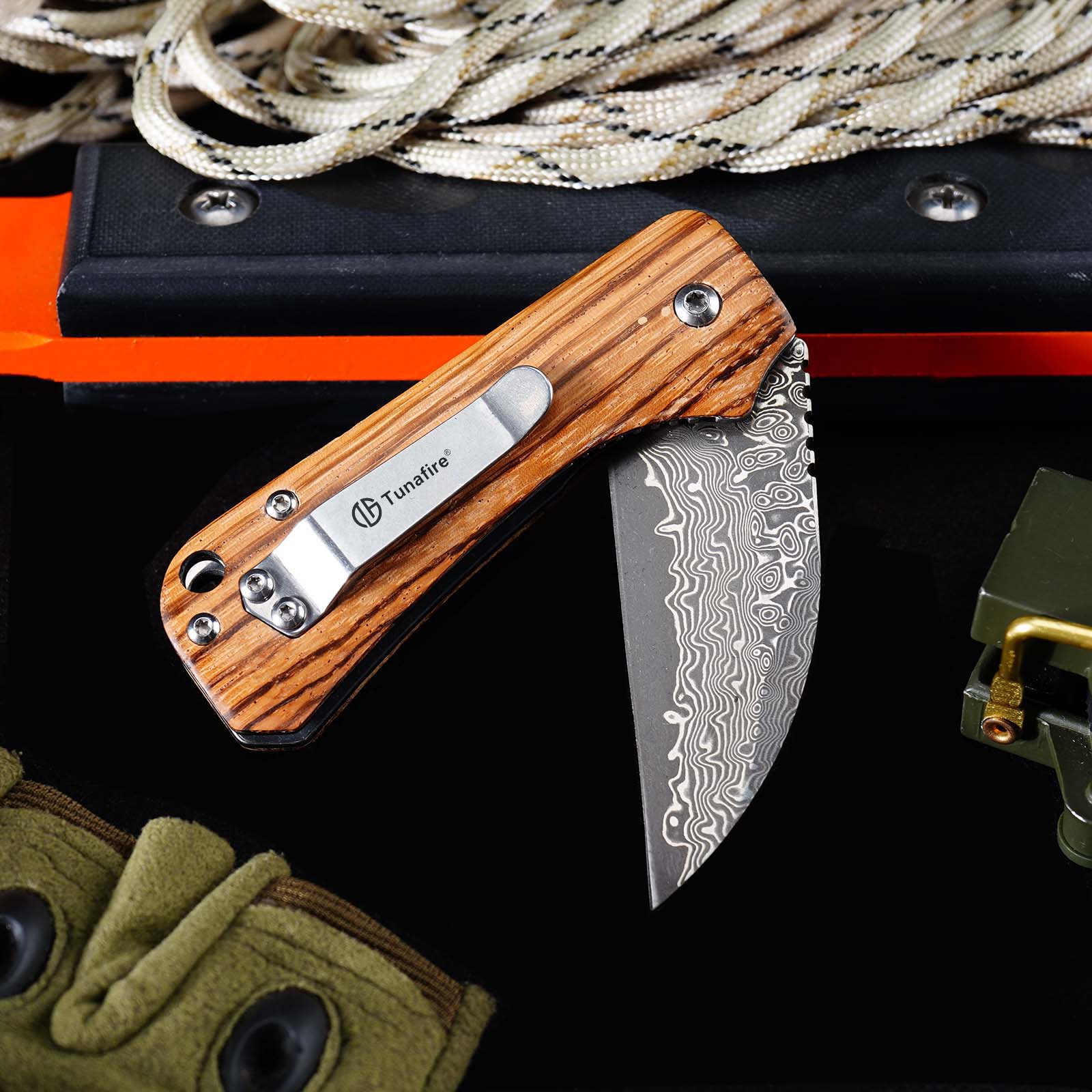 Tunafire Mini EDC Pocket Knife GT-DM022 Damascus Steel Folding Knife Zebra Wood Handle Ball Bearing Portable Everyday Carry Knife
