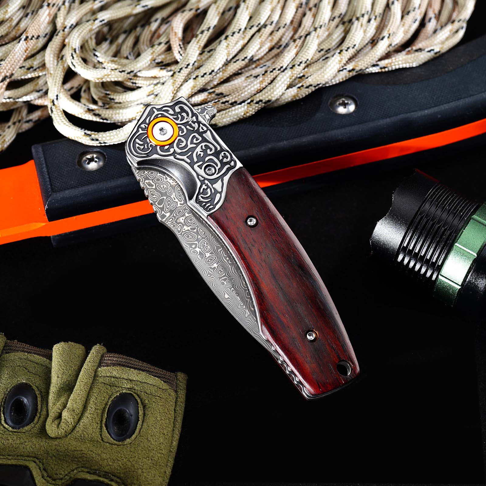 Tunafire GT-DM023 EDC Folding Pocket Knife, Chinese Damascus Steel, Safflower Wood Handle with Smooth Ball Bearing Opening