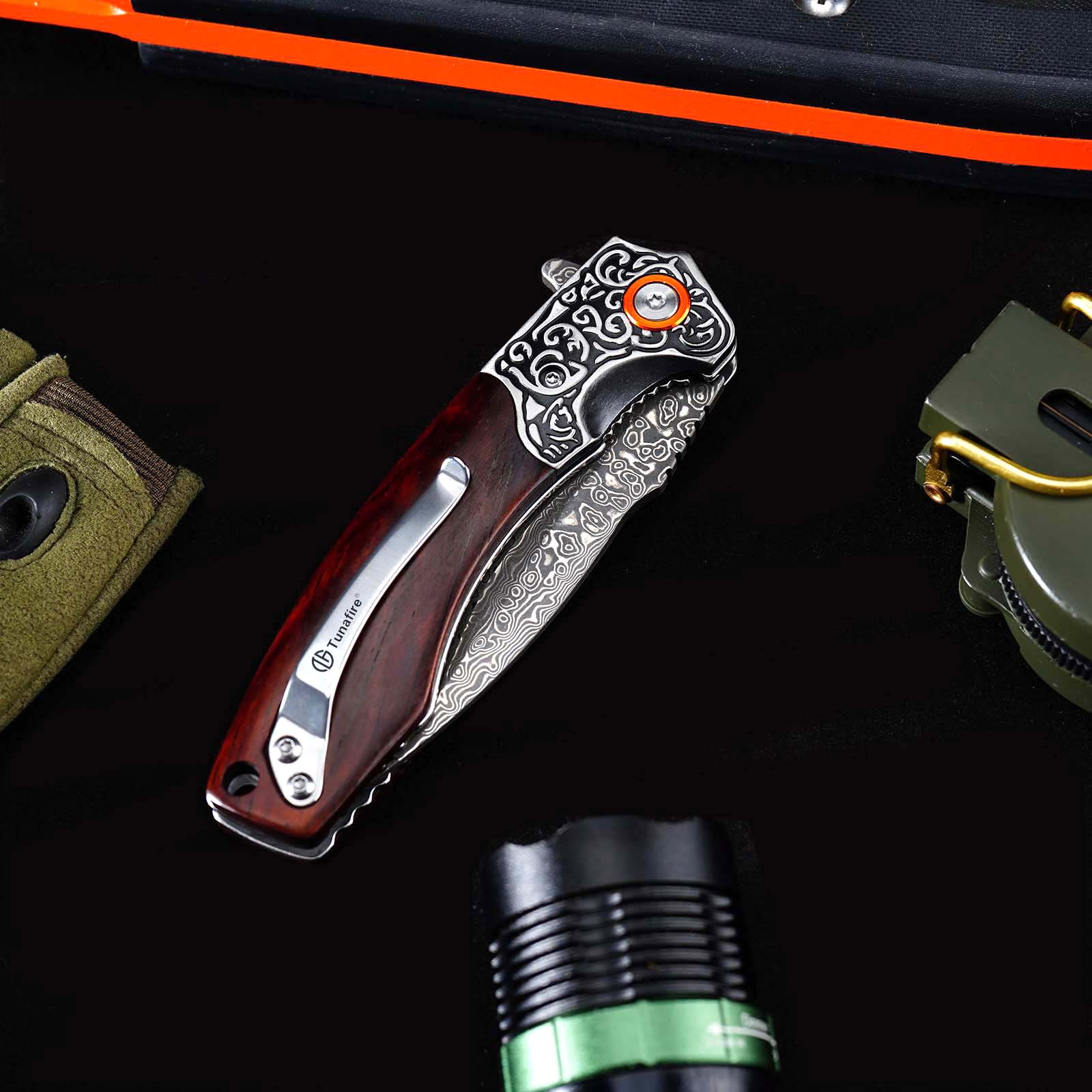 Tunafire GT-DM023 EDC Folding Pocket Knife, Chinese Damascus Steel, Safflower Wood Handle with Smooth Ball Bearing Opening