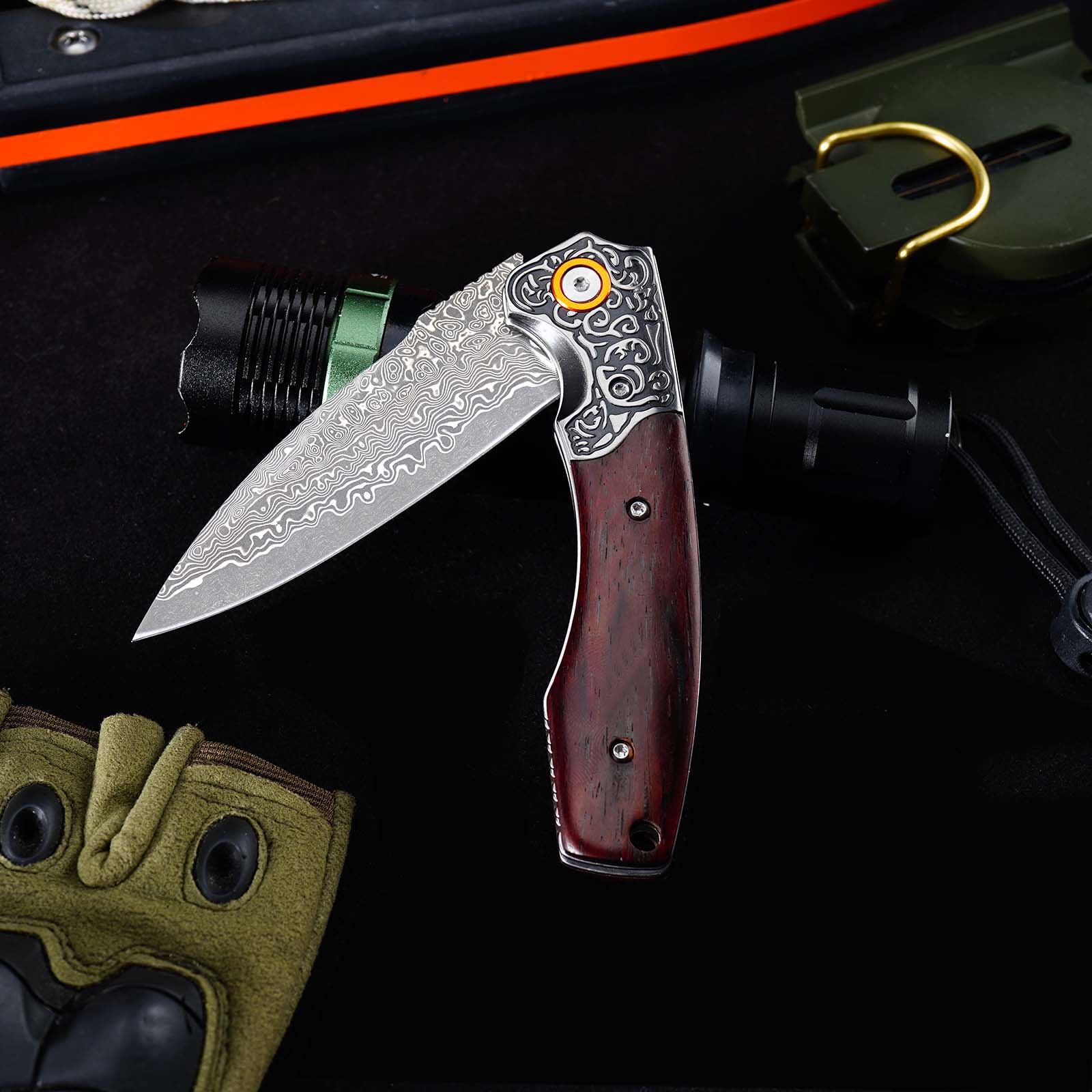 Tunafire GT-DM023 EDC Folding Pocket Knife, Chinese Damascus Steel, Safflower Wood Handle with Smooth Ball Bearing Opening