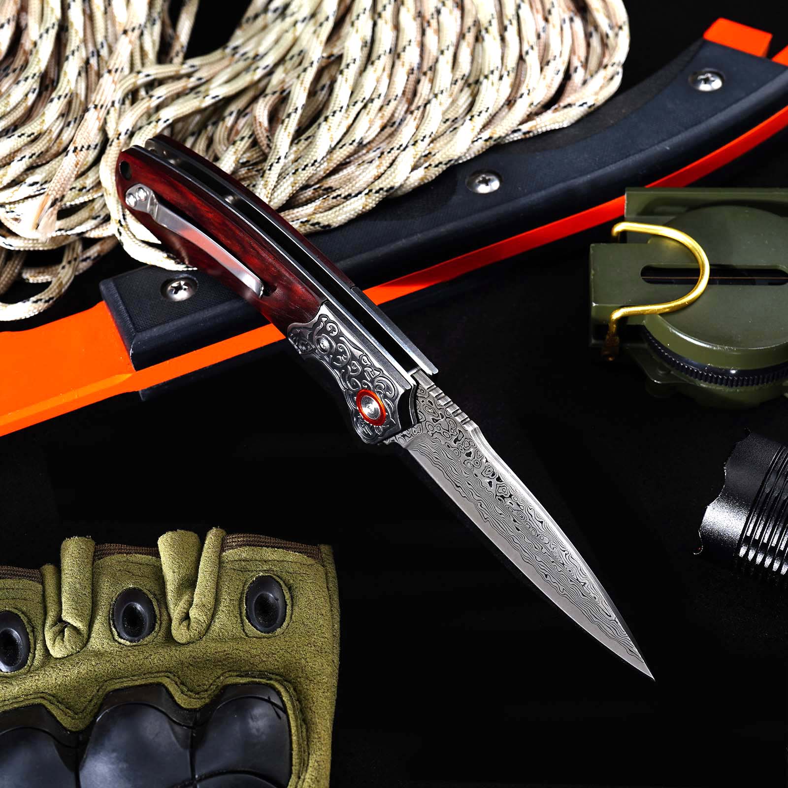 Tunafire GT-DM023 EDC Folding Pocket Knife, Chinese Damascus Steel, Safflower Wood Handle with Smooth Ball Bearing Opening