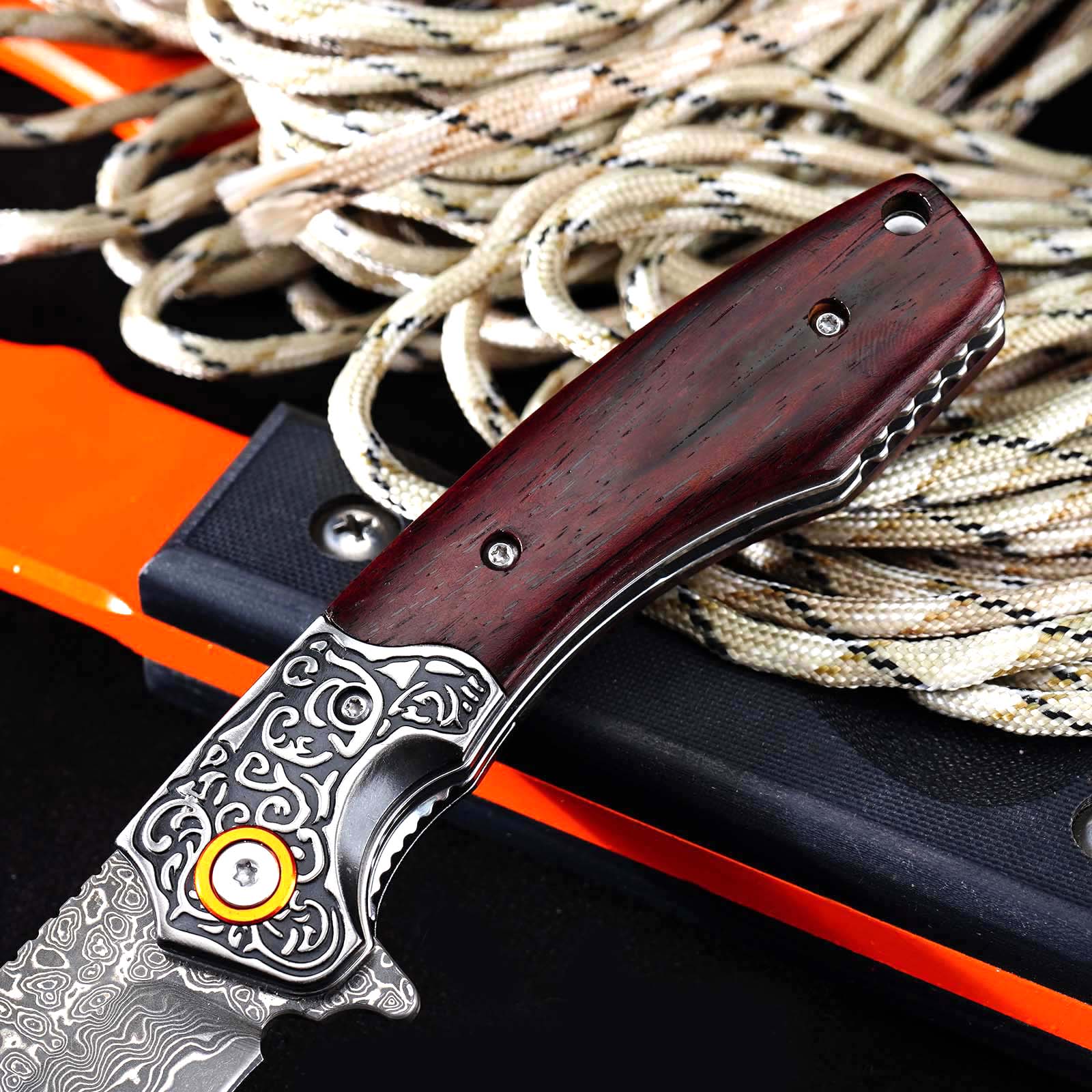 Tunafire GT-DM023 EDC Folding Pocket Knife, Chinese Damascus Steel, Safflower Wood Handle with Smooth Ball Bearing Opening