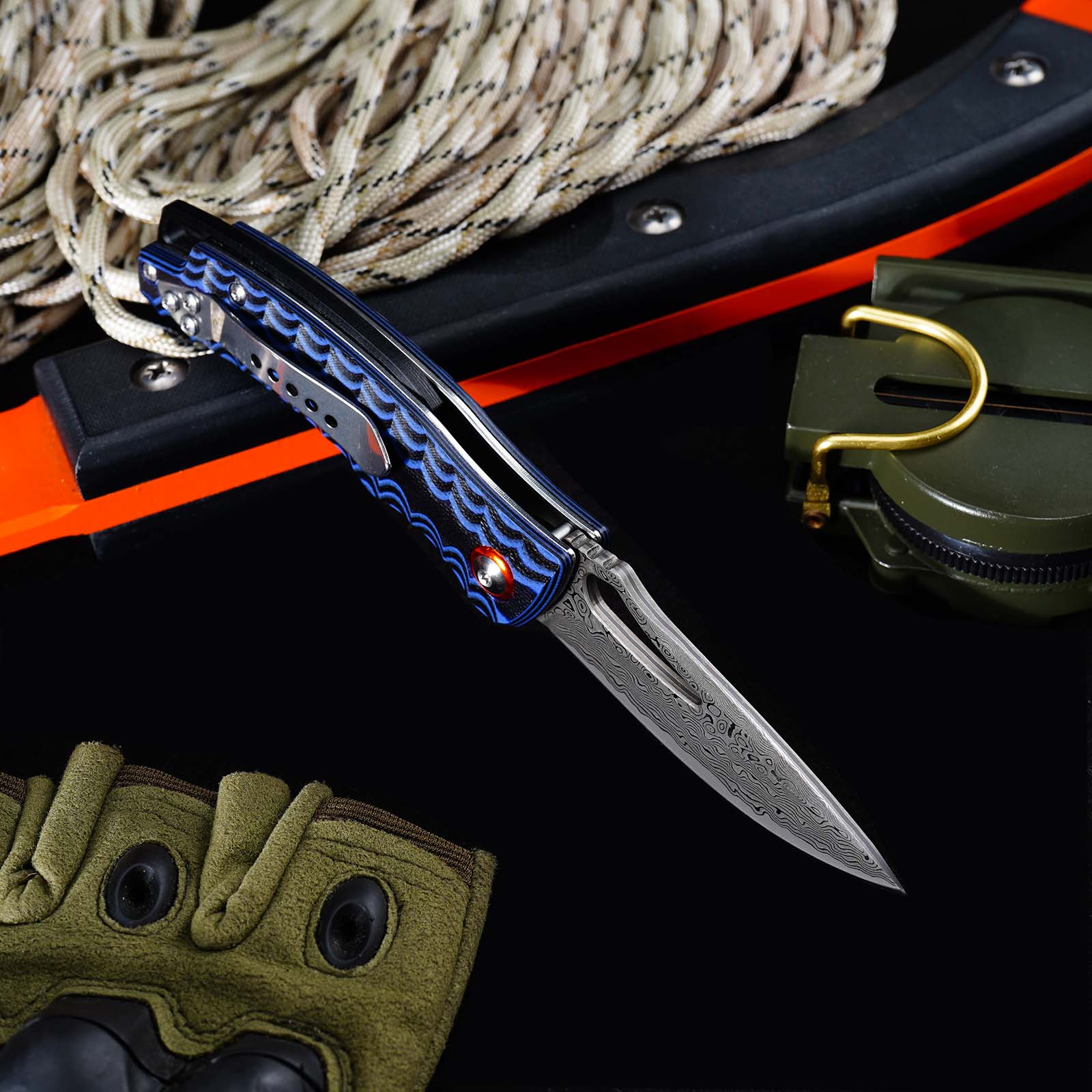 Tunafire Knife  GT-DM027 Two-color G10 Handle 2.8"Damascus steel Blade Ball Bearing Flipper Knife EDC Tools