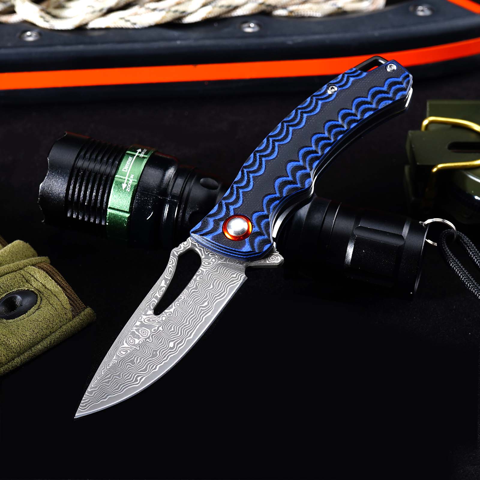 Tunafire Knife  GT-DM027 Two-color G10 Handle 2.8"Damascus steel Blade Ball Bearing Flipper Knife EDC Tools