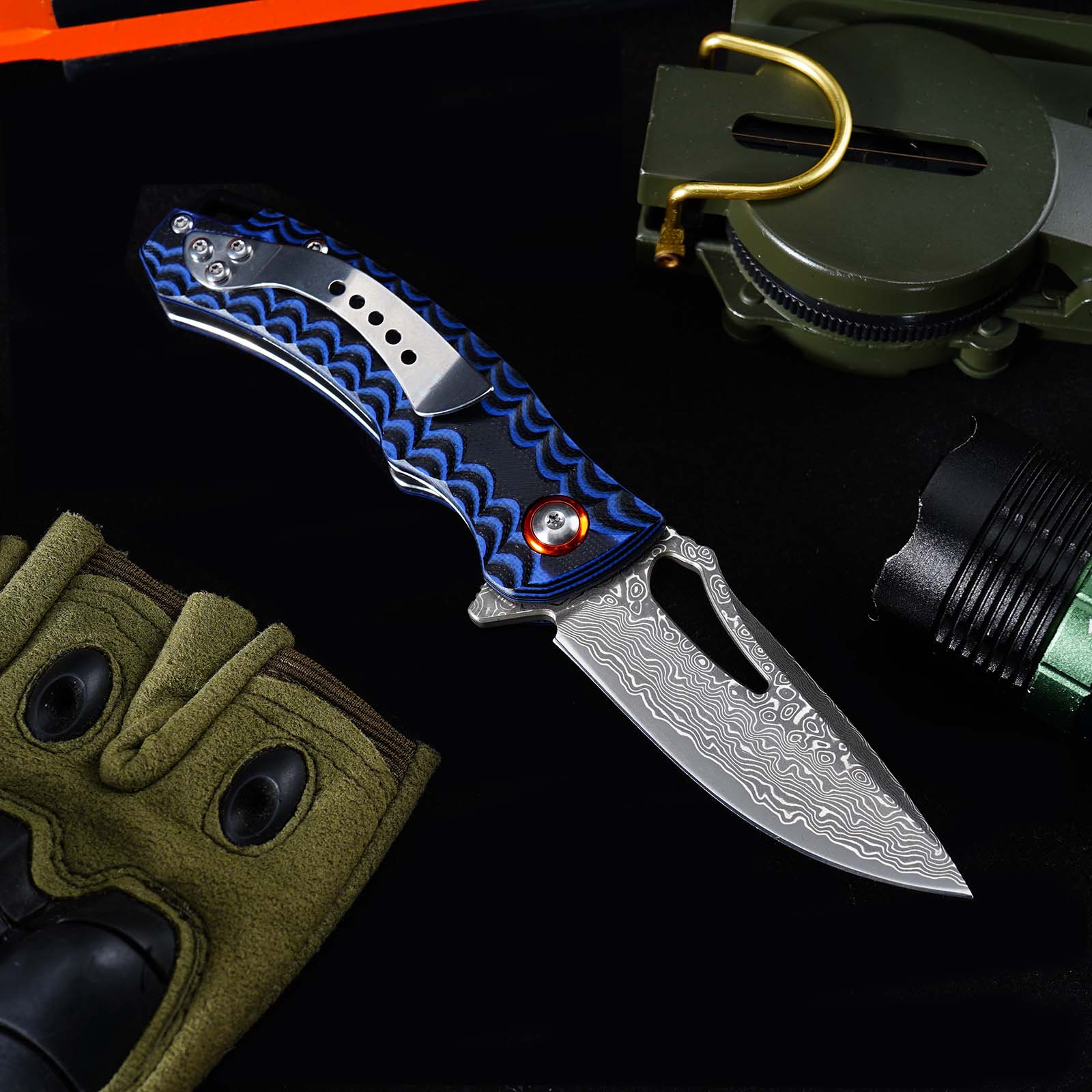 Tunafire Knife  GT-DM027 Two-color G10 Handle 2.8"Damascus steel Blade Ball Bearing Flipper Knife EDC Tools