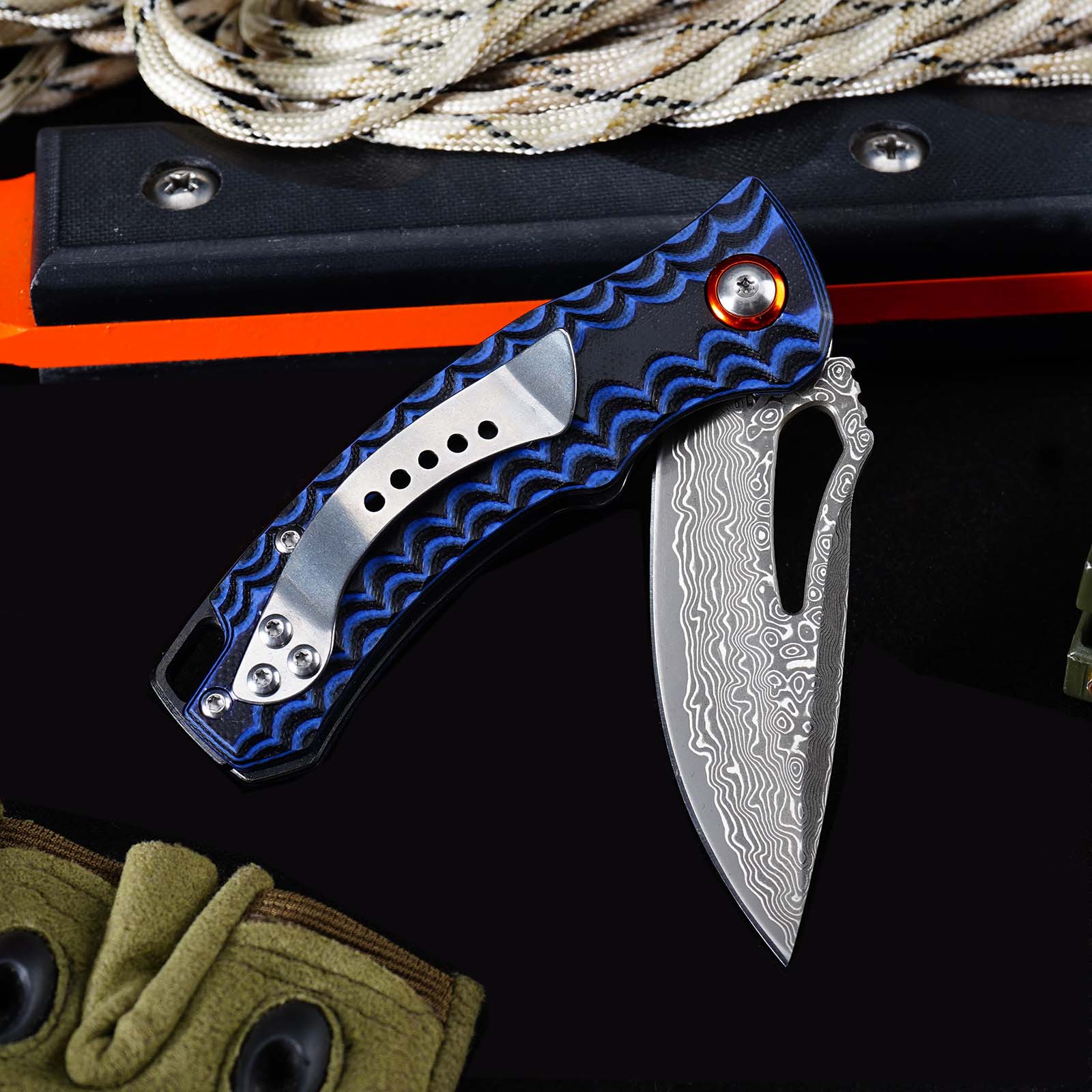 Tunafire Knife  GT-DM027 Two-color G10 Handle 2.8"Damascus steel Blade Ball Bearing Flipper Knife EDC Tools