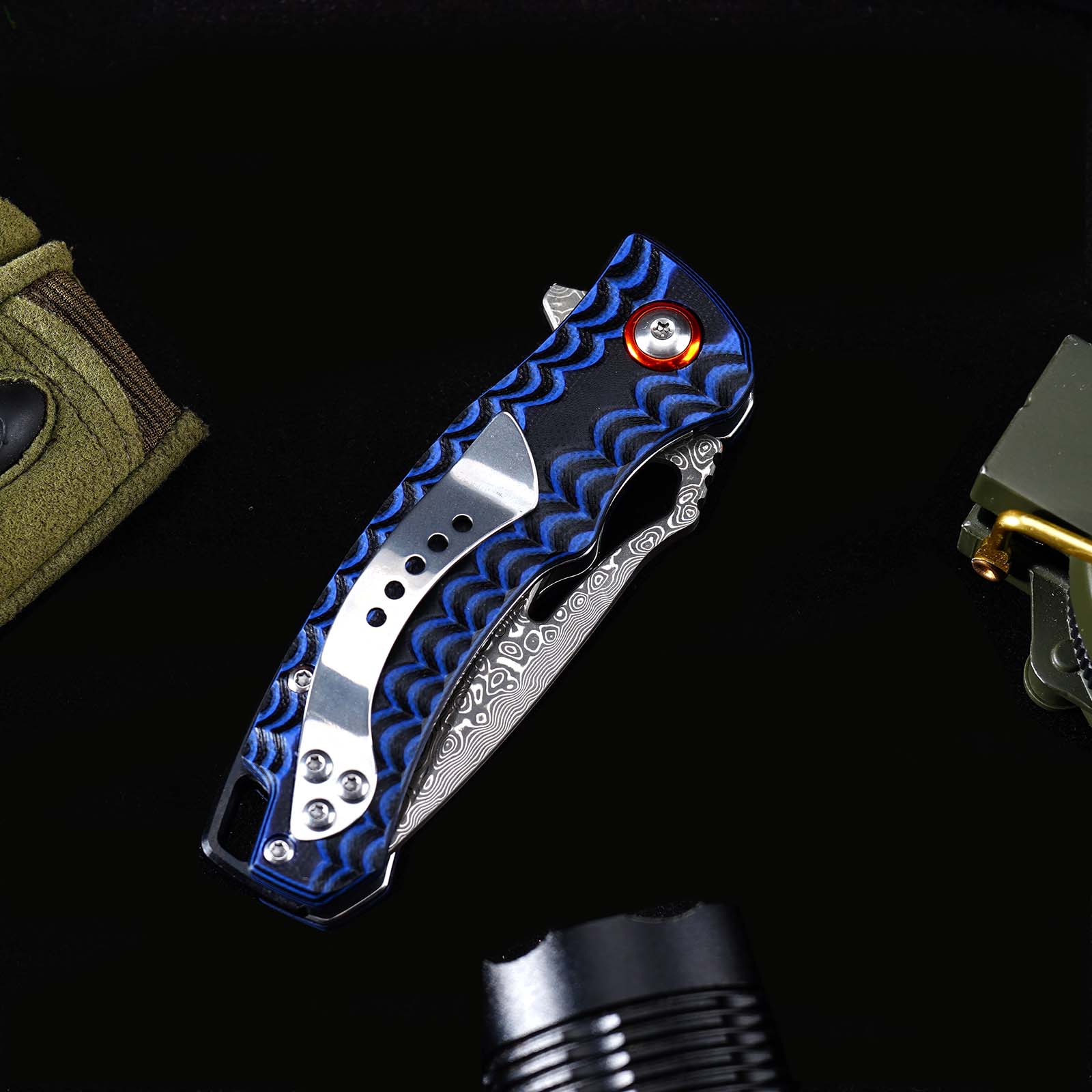 Tunafire Knife  GT-DM027 Two-color G10 Handle 2.8"Damascus steel Blade Ball Bearing Flipper Knife EDC Tools