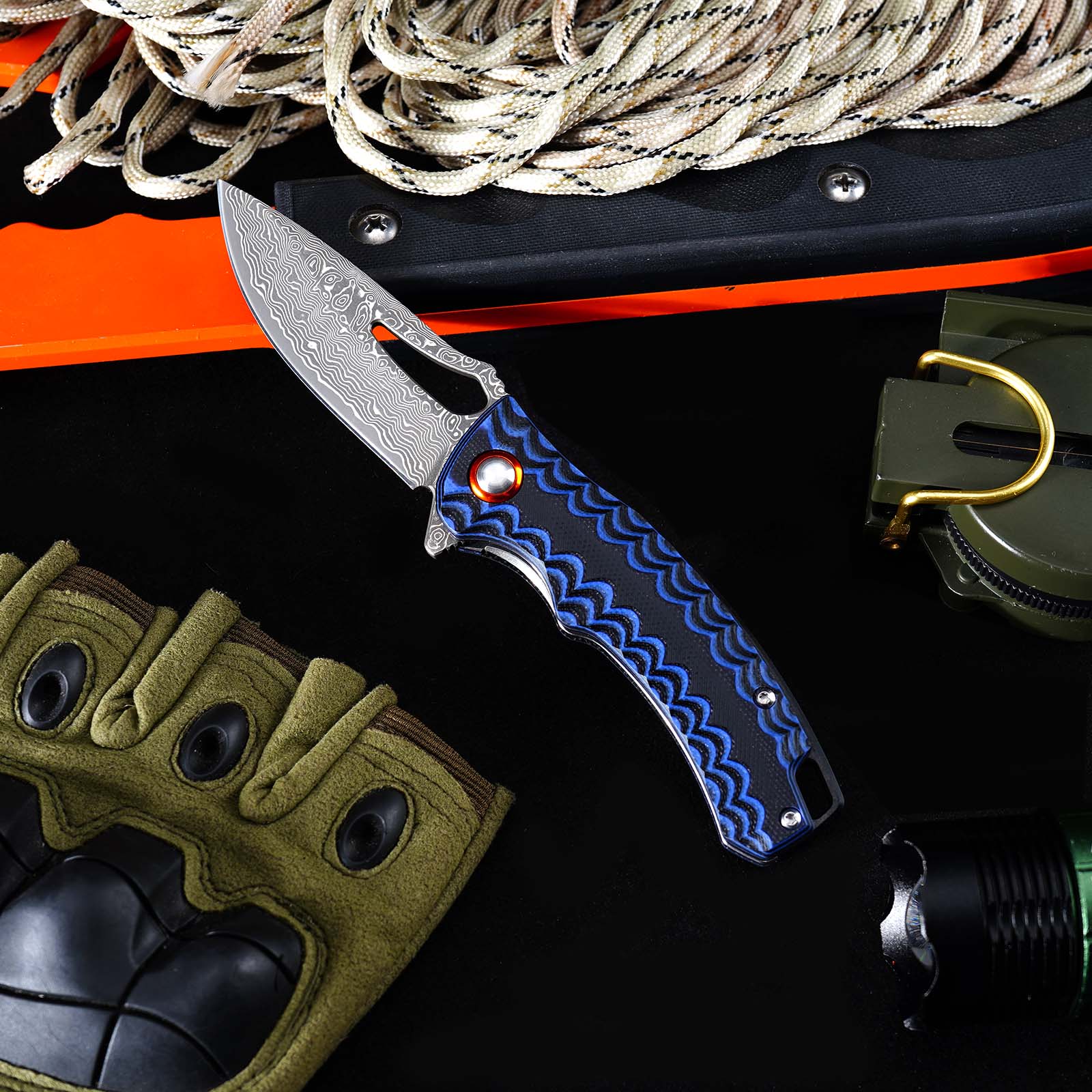 Tunafire Knife  GT-DM027 Two-color G10 Handle 2.8"Damascus steel Blade Ball Bearing Flipper Knife EDC Tools
