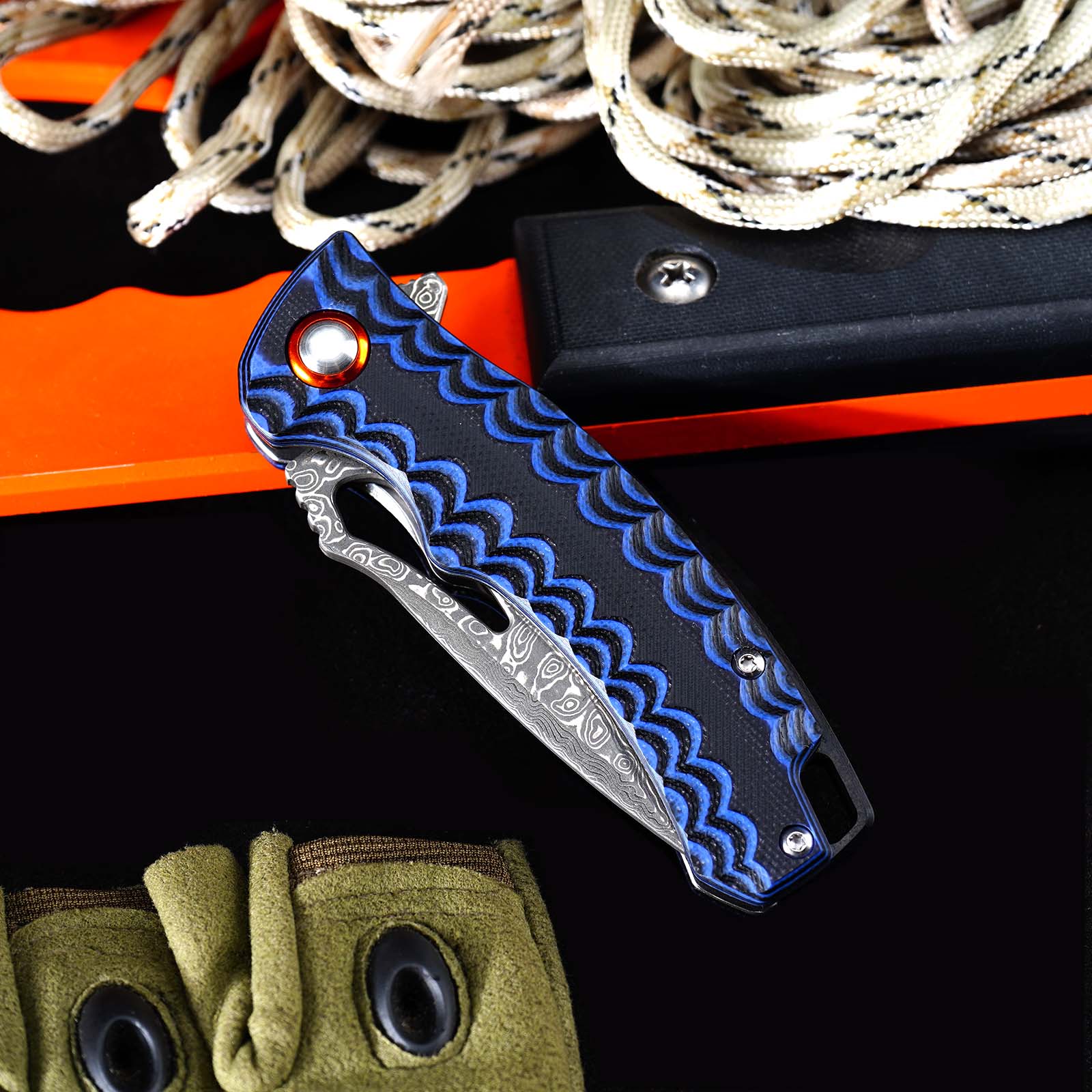 Tunafire Knife  GT-DM027 Two-color G10 Handle 2.8"Damascus steel Blade Ball Bearing Flipper Knife EDC Tools