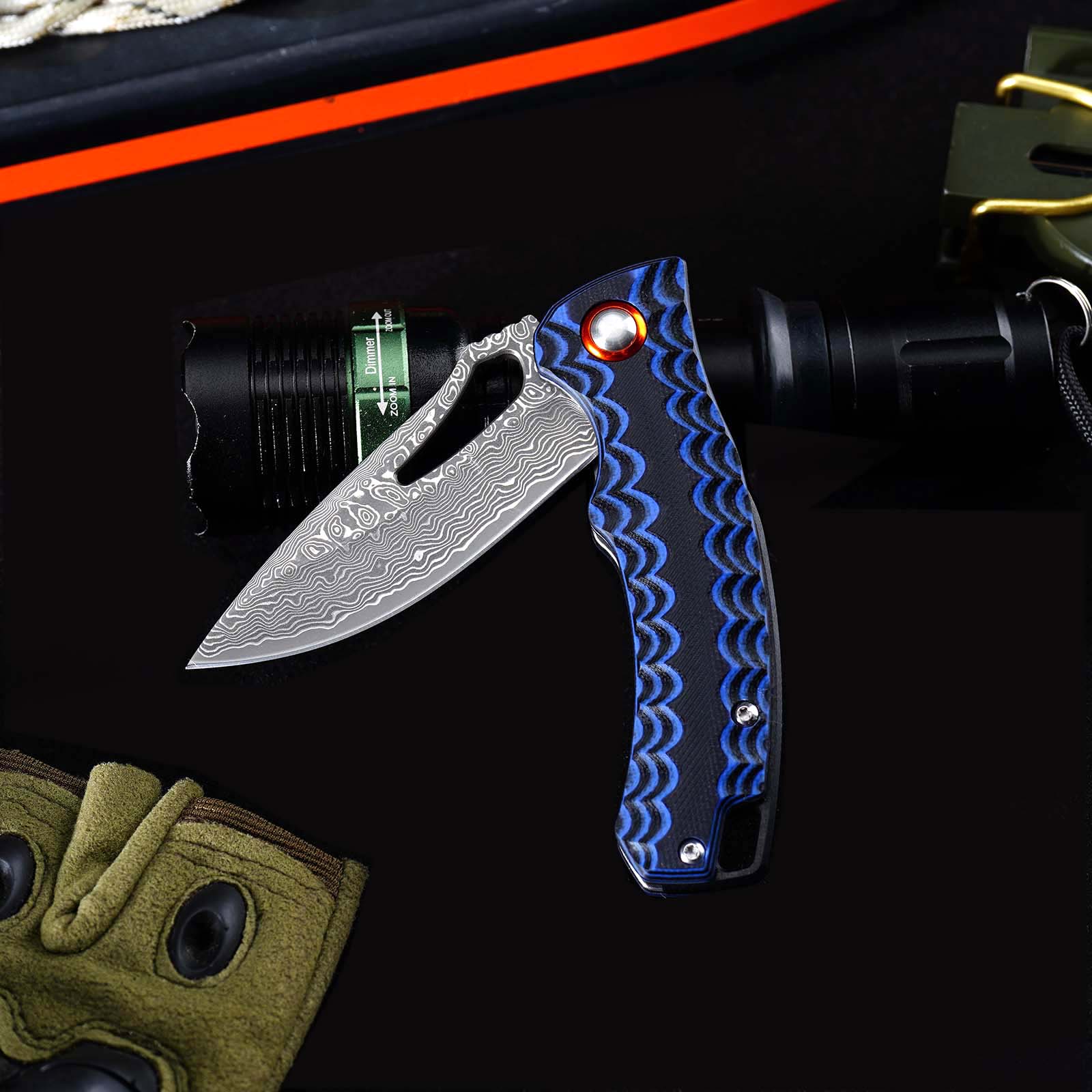 Tunafire Knife  GT-DM027 Two-color G10 Handle 2.8"Damascus steel Blade Ball Bearing Flipper Knife EDC Tools
